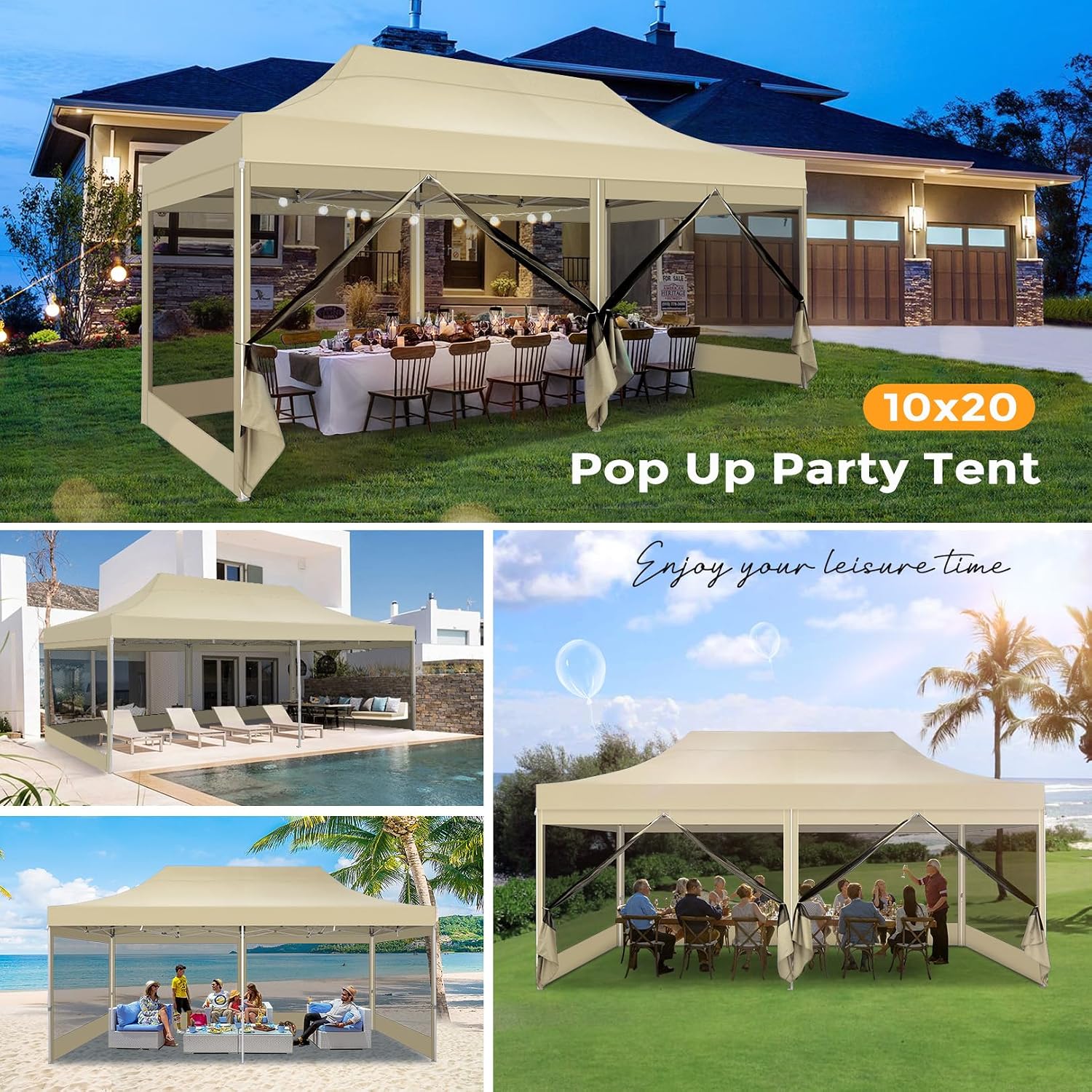 COBIZI 10x20 Heavy Duty Pop Up Canopy Tent with 6 Sidewalls, Easy Set Up Outdoor Waterproof Screen Commercial Party Tent with Mosquito Netting for Parties Backyard Patio, Roller Bag, Khaki