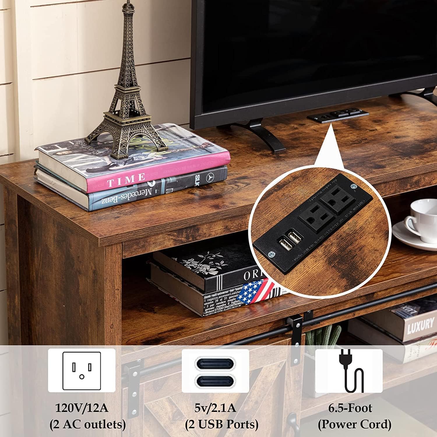 Vinctik 6&Fox 57In Wooden Farmhouse Entertainment Center for 60/65 inch TV,Double Layer Storage Farmhouse TV Stand,Double-Row Sockets with Wood Sliding Barn Door TV Stand, Double Layer Vintage Brown