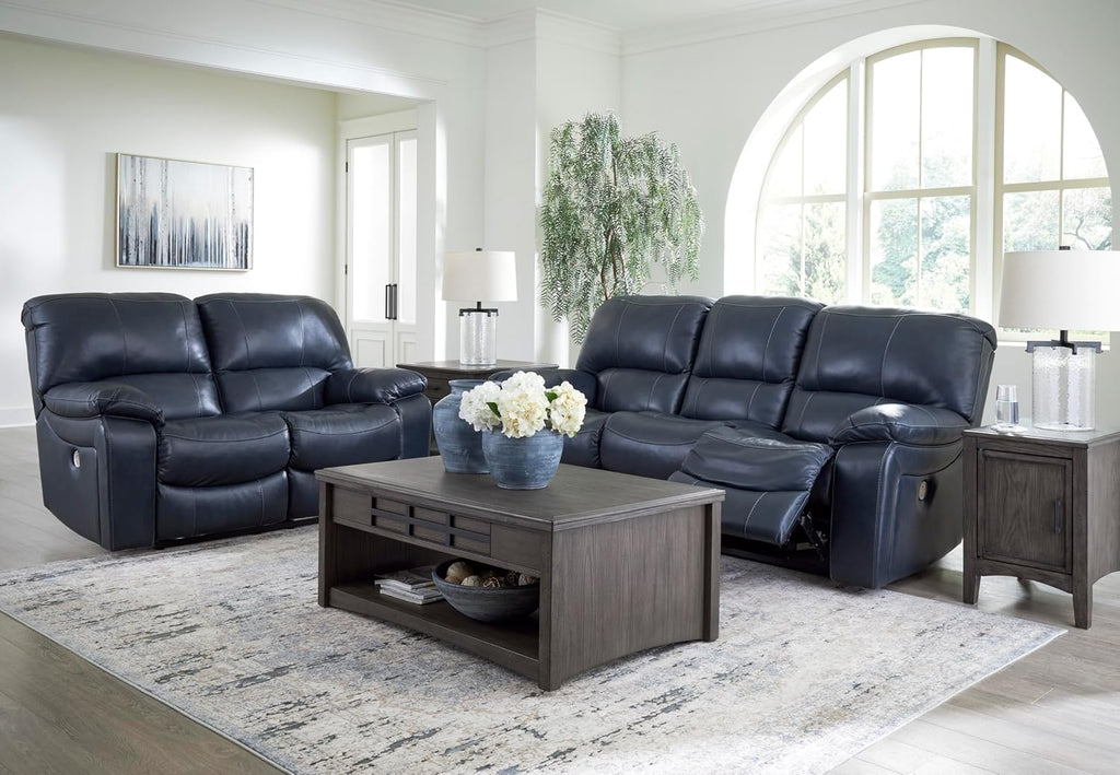 Signature Design by Ashley Leesworth Contemporary Power Reclining Loveseat with One-Touch Control and USB Charging Ports, Leather, 20' Seat Height, Blue