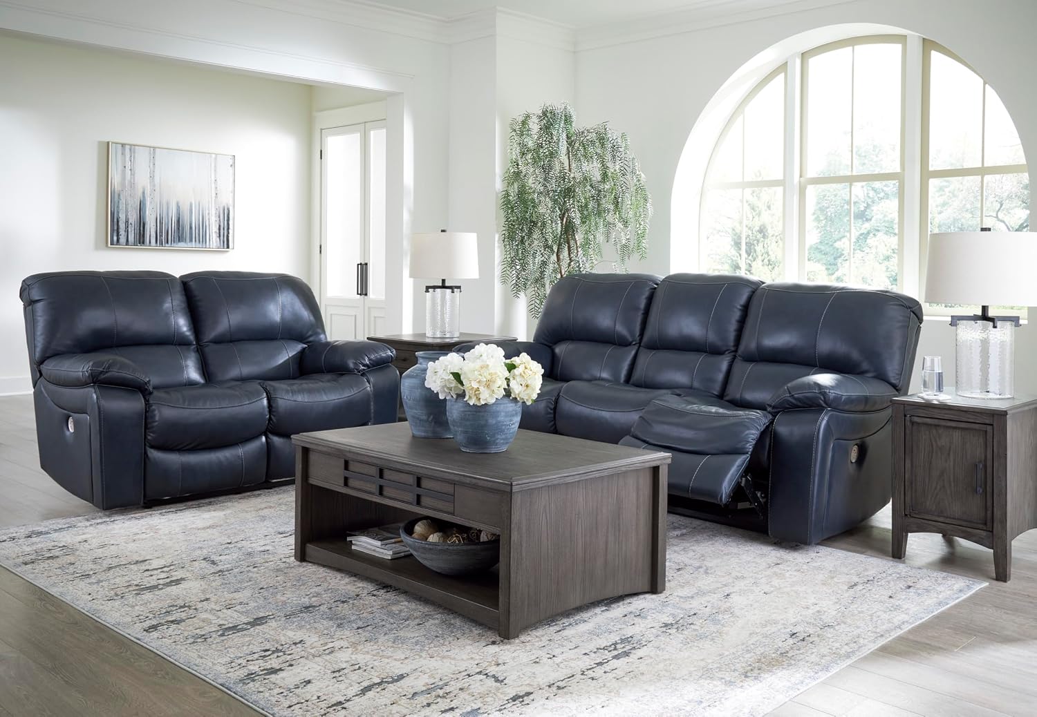 Signature Design by Ashley Leesworth Contemporary Power Reclining Loveseat with One-Touch Control and USB Charging Ports, Leather, 20' Seat Height, Blue