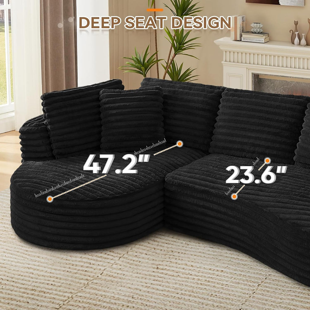 120'W Oversized Modern Curved Cloud Couch,Corduroy Modular Sectional Sofa with Chaise, L Shaped Boneless Couch, Compression Foam Sofa for Living Room Bedroom, No Assembly Required(Left Facing, Black)