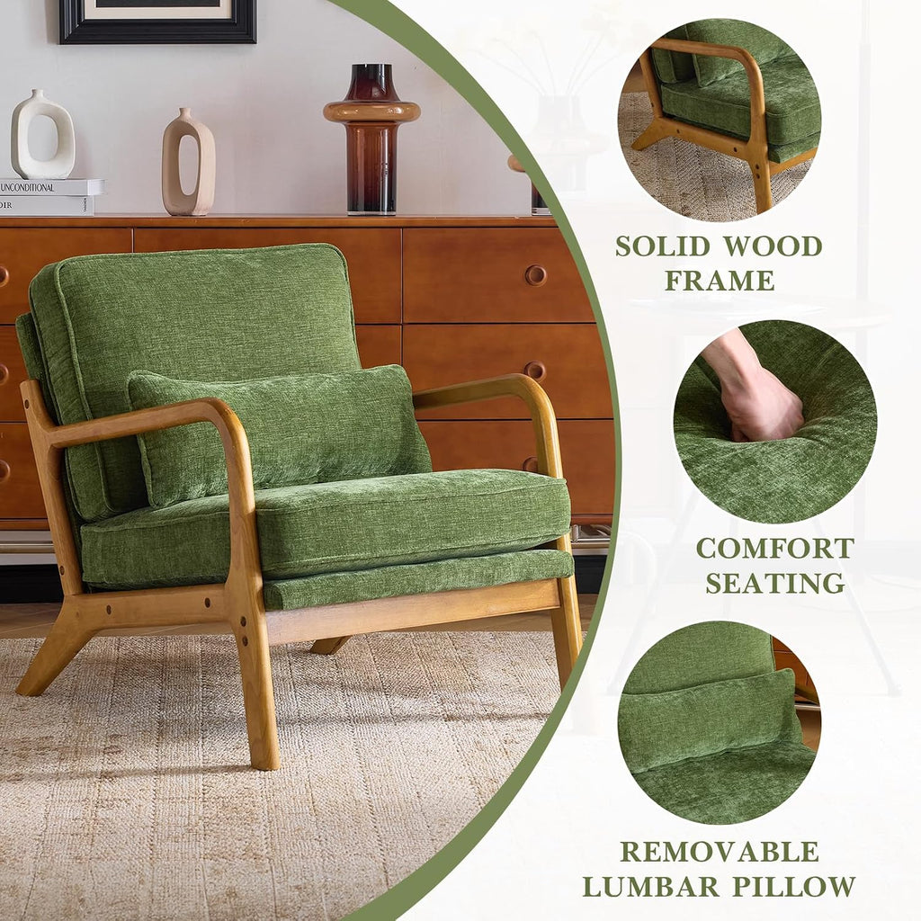 Karl home Mid Century Modern Accent Chair with Lumbar Pillow & Oak Arms – Plush Chenille Living Room Chair for Bedroom, Lounge (Olive Green)