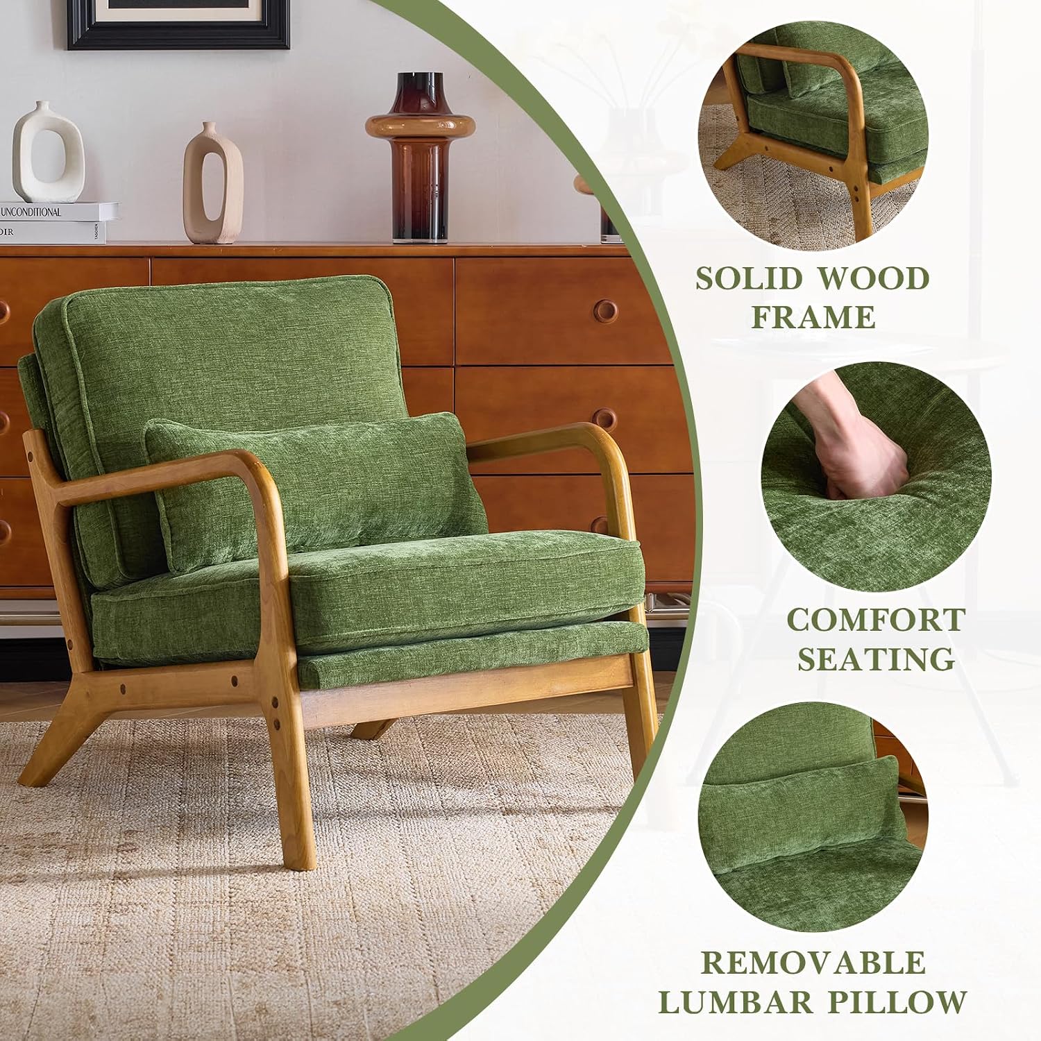 Karl home Mid Century Modern Accent Chair with Lumbar Pillow & Oak Arms – Plush Chenille Living Room Chair for Bedroom, Lounge (Olive Green)