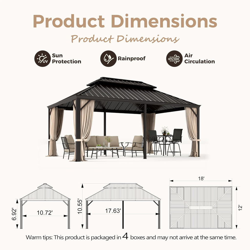 MIXPATIO 12' x 18' Hardtop Gazebo, Galvanized Steel Metal Double Roof Gazebo, Permanent Outdoor Metal Pavilion with Curtain and Netting for Deck, Backyard, Patio, Lawns