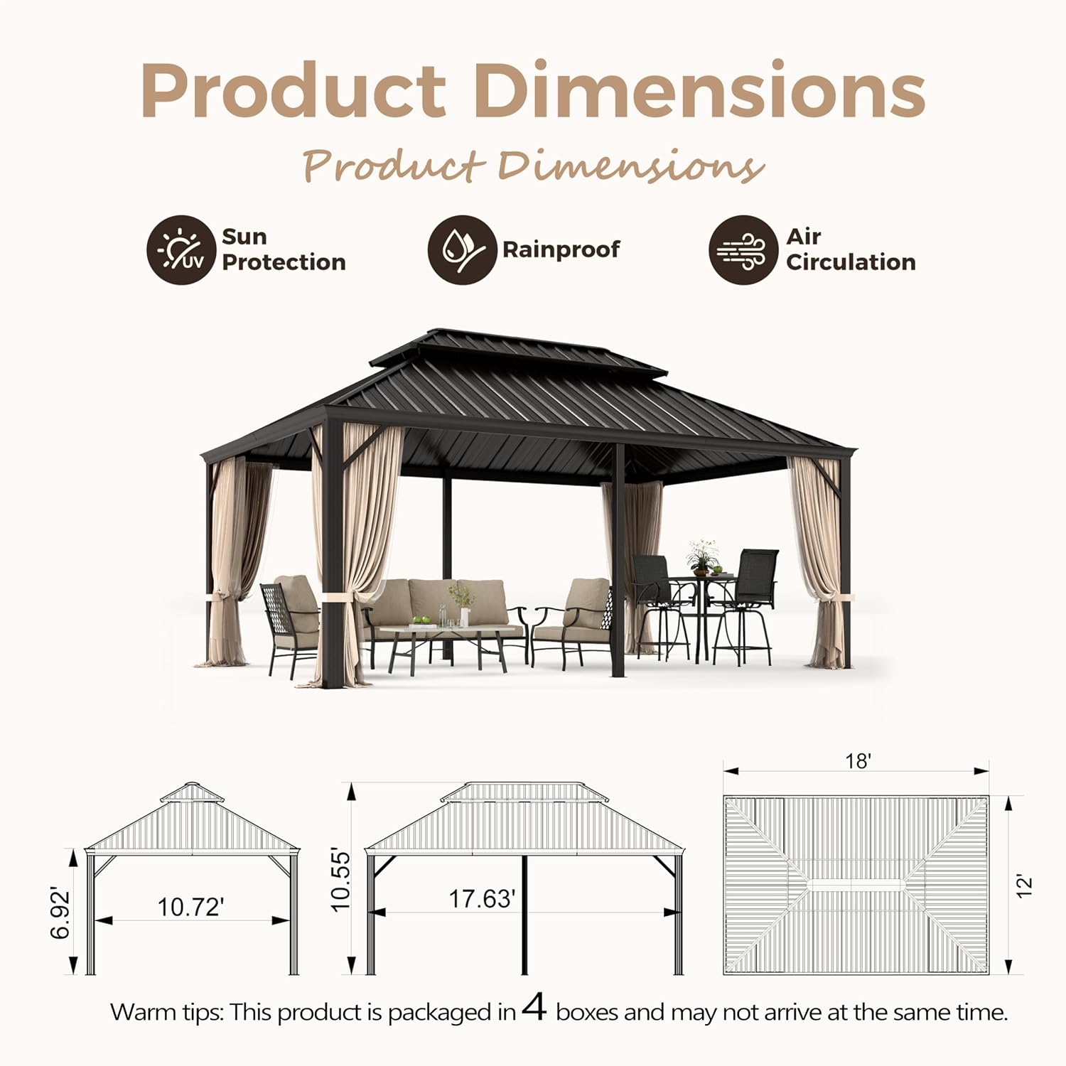 MIXPATIO 12' x 18' Hardtop Gazebo, Galvanized Steel Metal Double Roof Gazebo, Permanent Outdoor Metal Pavilion with Curtain and Netting for Deck, Backyard, Patio, Lawns