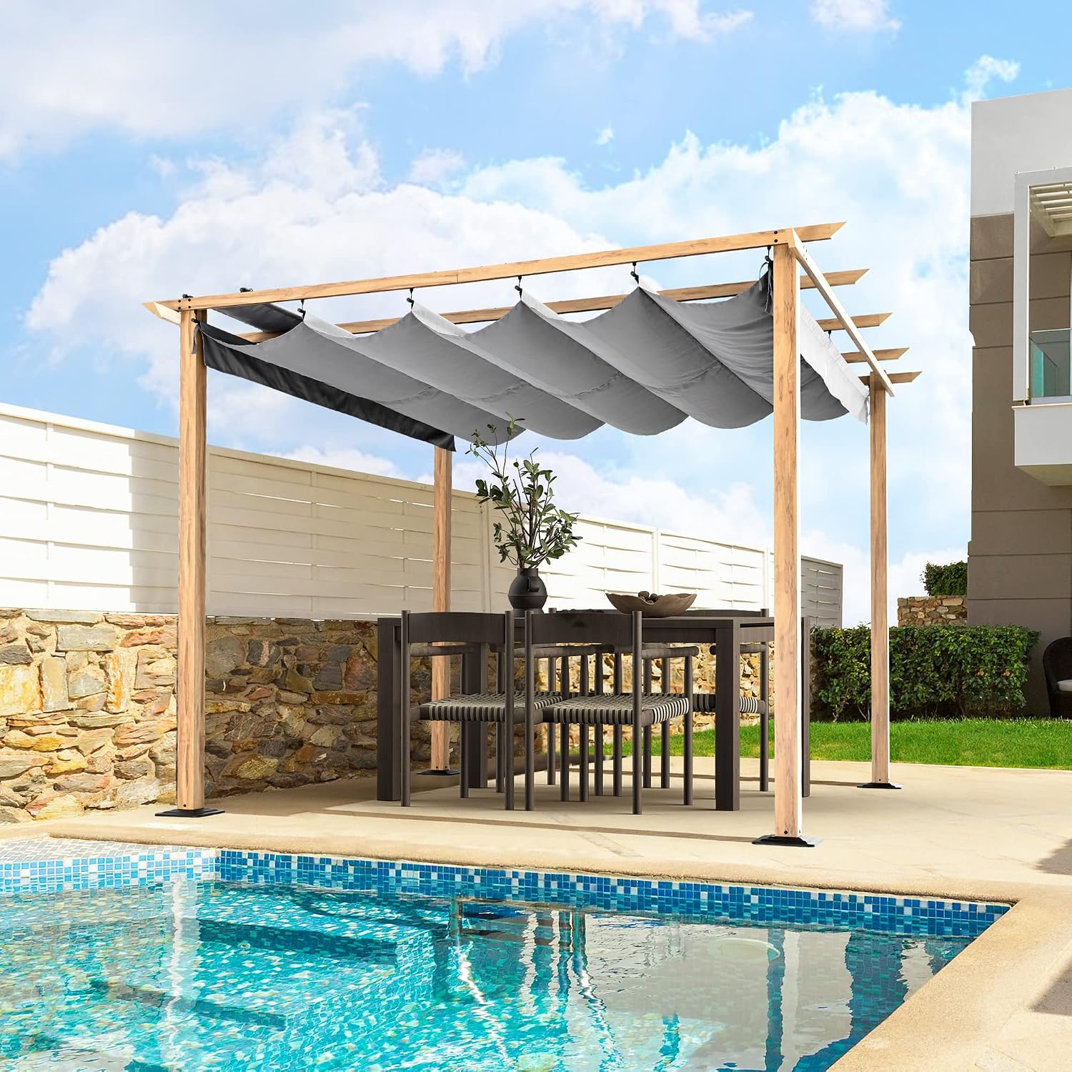 HAPPATIO 10' X 10' Pergola Retractable Canopy for Backyard, Garden, Patio; Woodgrain-Look Aluminum Frame with Retractable Pergola Canopy, Includes Anchors and Expansion Screws (Grey)