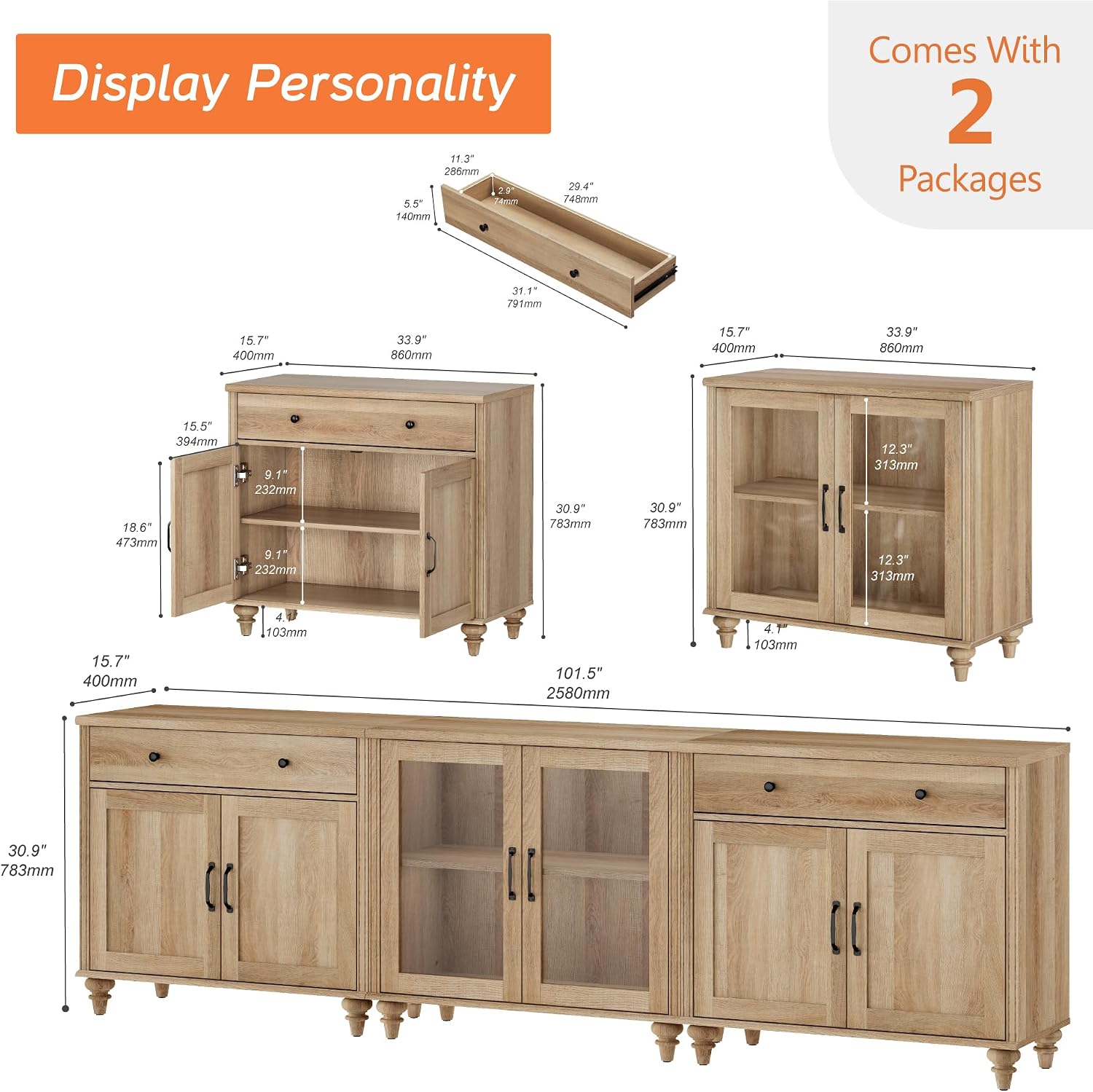 WAMPAT Farmhouse TV Stand for 100 Inch TV, 3-in-1 TV Console Table for 75/80/85/90 Inch TV, Entertainment Center with Glass & Wood Door, Kitchen Sideboard Buffet Cabinet for Dining Room, Oak