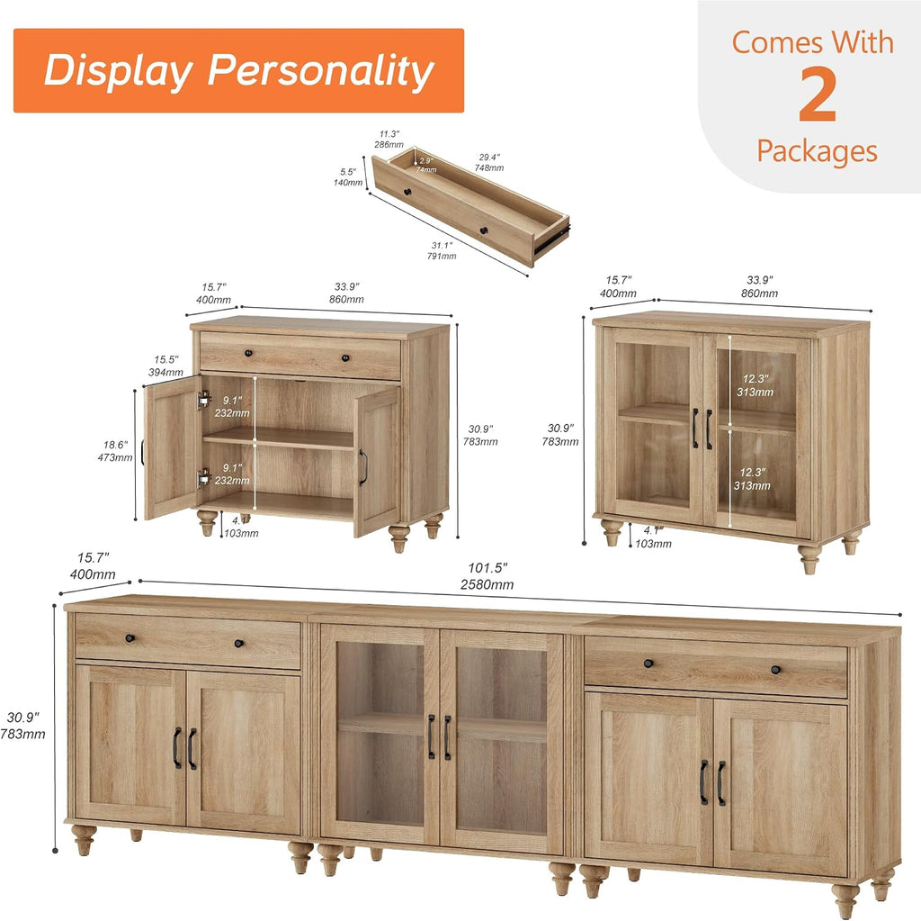 WAMPAT Modern TV Stand for 100 Inch TV, 3-in-1 TV Console Table for 75/80/85/90 Inch TV, Farmhouse Entertainment Center with Glass & Wood Door, Kitchen Sideboard Buffet Cabinet for Dining Room, Oak