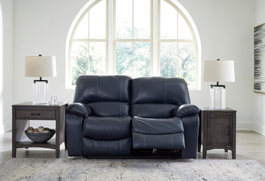 Signature Design by Ashley Leesworth Contemporary Power Reclining Loveseat with One-Touch Control and USB Charging Ports, Leather, 20' Seat Height, Blue