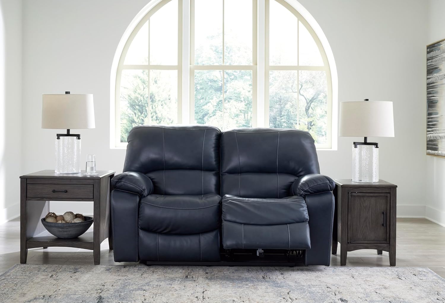 Signature Design by Ashley Leesworth Contemporary Power Reclining Loveseat with One-Touch Control and USB Charging Ports, Leather, 20' Seat Height, Blue