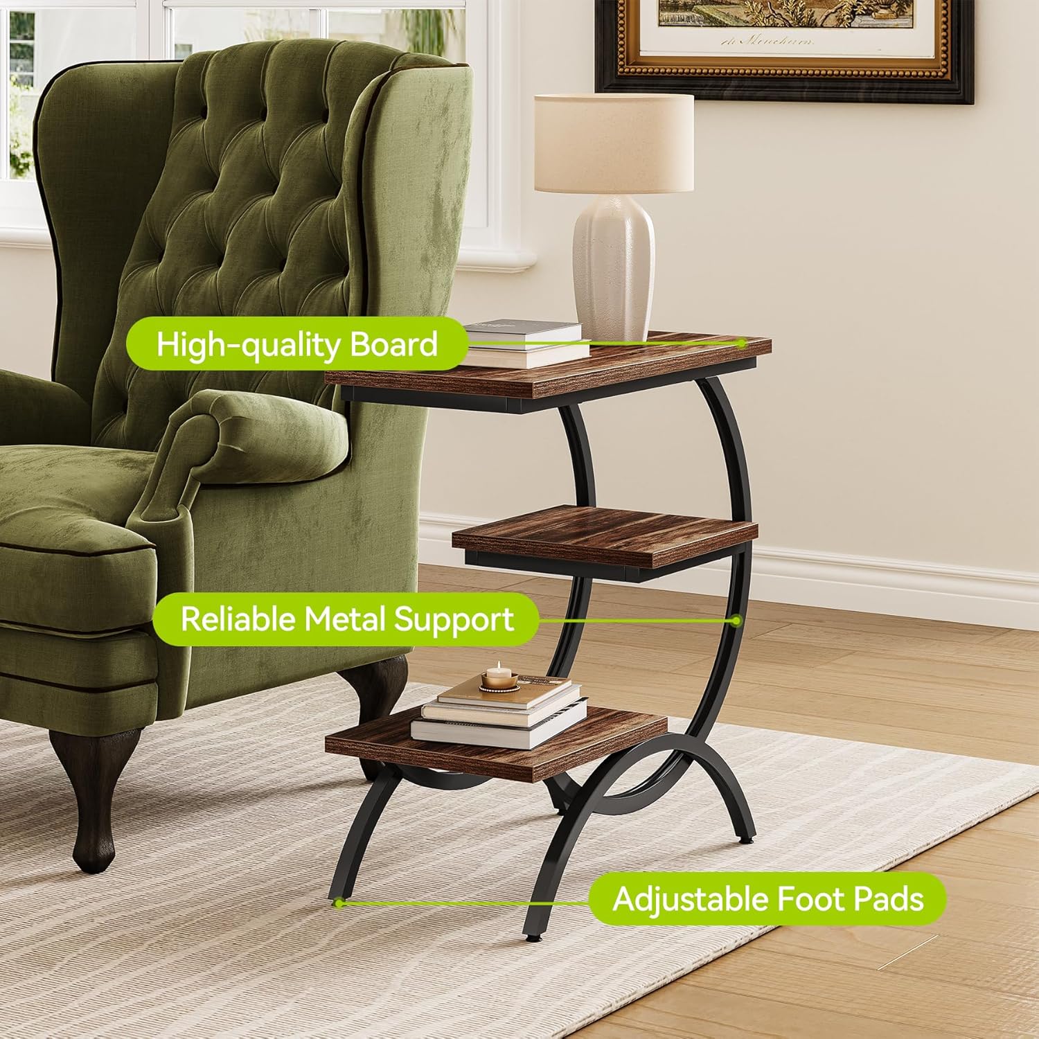 LITTLE TREE End Table Set 2, Narrow End Table with 3 Storage Shelves, Industrial C-Shaped Small Sofa Side Table for Living Room, Wood Slim Snack Table with Black Metal Frame, Rustic Brown