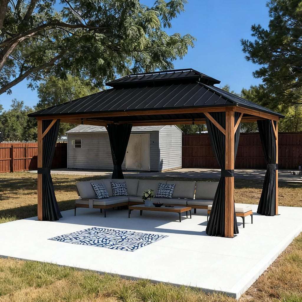 PURPLE LEAF 10' X 14' Hardtop Gazebo Outdoor Wood Grain Aluminum Frame Galvanized Steel Double Roof Gazebos with Netting and Curtains for Patio Deck Backyard Garden