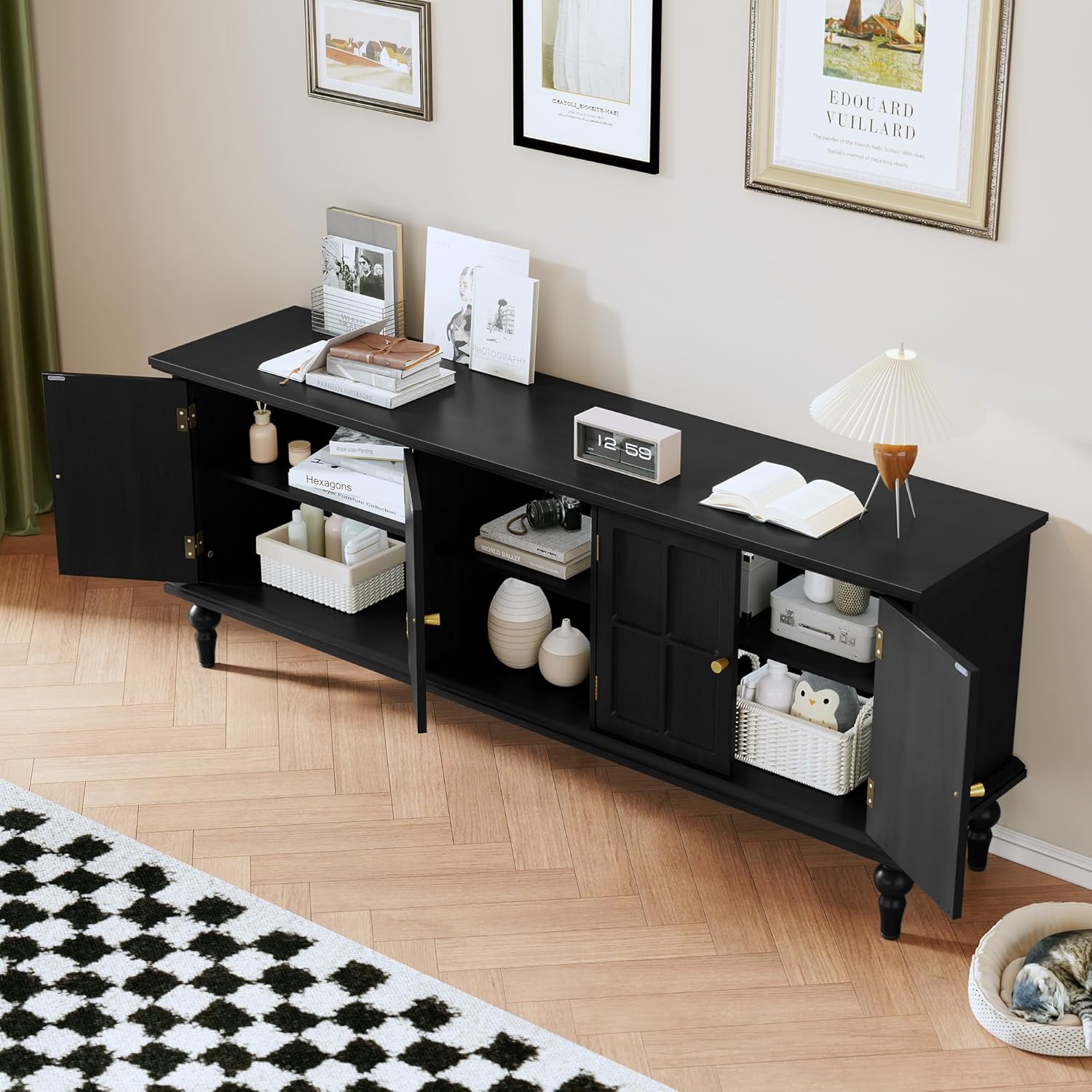 3More 67' Mid Century Modern TV Stand with Window Design,Wood Entertainment Center with Open Shelf,Up to 70' Media TV for Living Room or Bedroom,Black