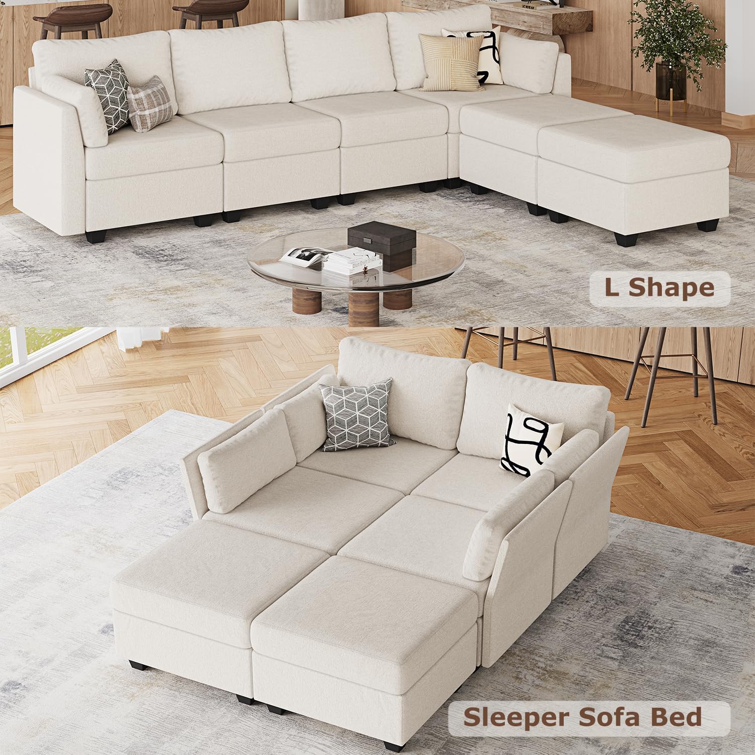 114.17' Modular Sectional Sofa, 6 Seat Sectional Couches with Storage, Memory Foam, Convertible Modular Couch for Living Room, U Shaped Comfy Modular Sofa with Chaise, Beige