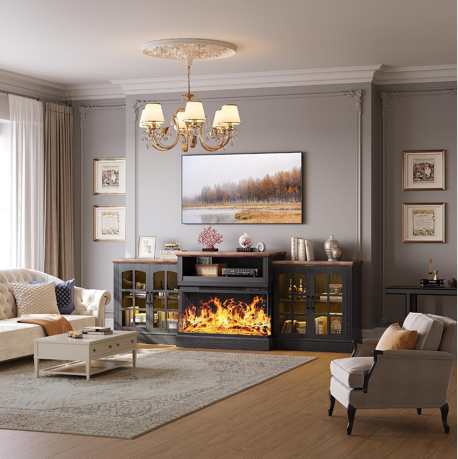 97' Fireplace TV Stand with 36' Electric Fireplace, Farmhouse Entertainment Center for TVs up to 100', Media Console Table with Large Storage Cabinets, for Living Room, Black