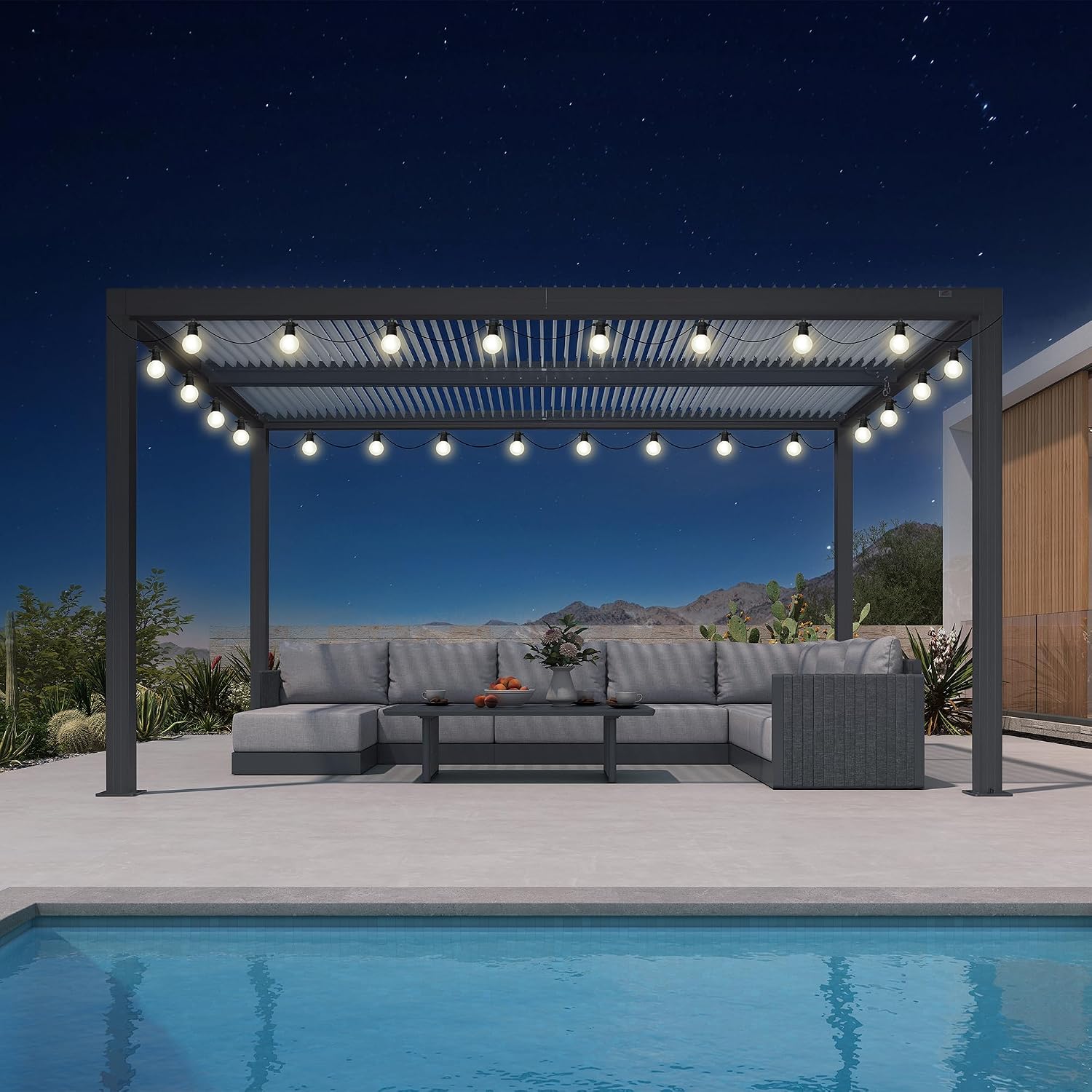 PURPLE LEAF Louvered Pergola 10' x 14' Outdoor Aluminum Pergola with Hidden Drainage System and Adjustable Sun Shade Roof Patio Hardtop Small Pergolas with Lights for Patio Dining Side Yard