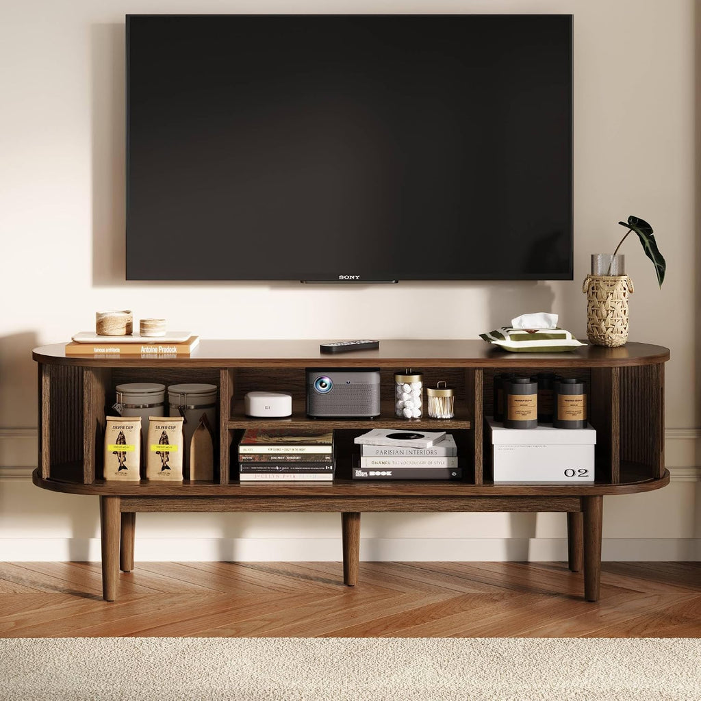 LINSY Home TV Stand for 65' TV, Mid-Century Modern 58' Entertainment Center with Sliding Tambour Door and Storage Cabinet, Cruved TV Media Console Table for Living Room, Bedroom, Walnut