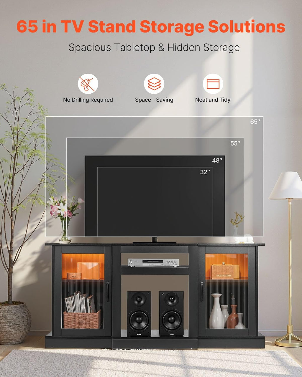 VEVOR Tall TV Stand for 65 inch TVs, Modern Entertainment Center with LED Light, Wooden TV Storage Cabinet with Glass Doors and Adjustable Shelves, Media Console for Living Room and Bedroom, Black