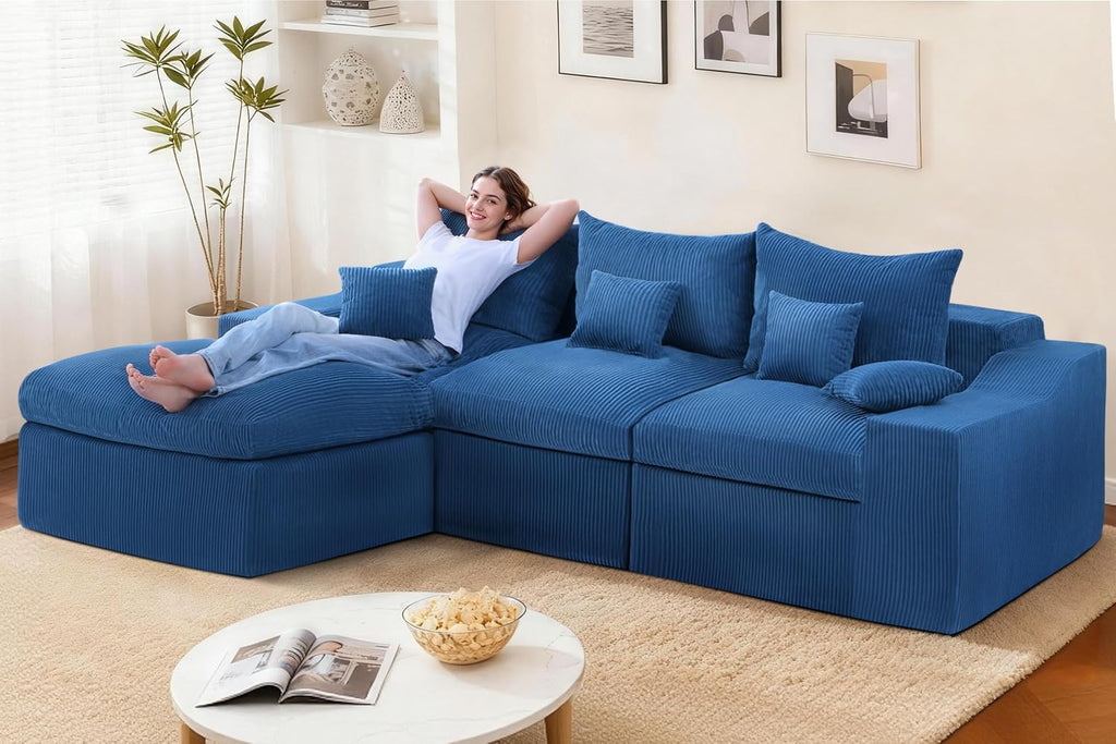 HABUTWAY 104' L Shaped Cloud Sectional Couch, Boneless Modular Sectional Sofa with Deep Seat, Corduroy Couches for Living Room, Modular Couch, No Assembly Required (Blue)