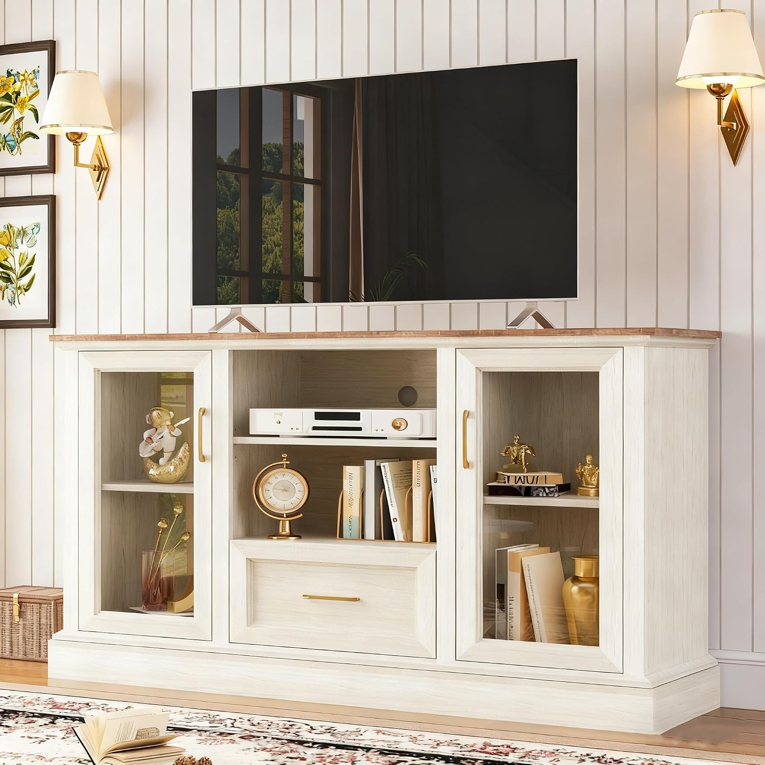 Farmhouse TV Stand for 55/60/65 Inch TV, Tall Media Console with 2 Glass Doors & 3 Adjustable Shelves, Wood Entertainment Center with Cubbies & Drawers for Living Room, Rustic White
