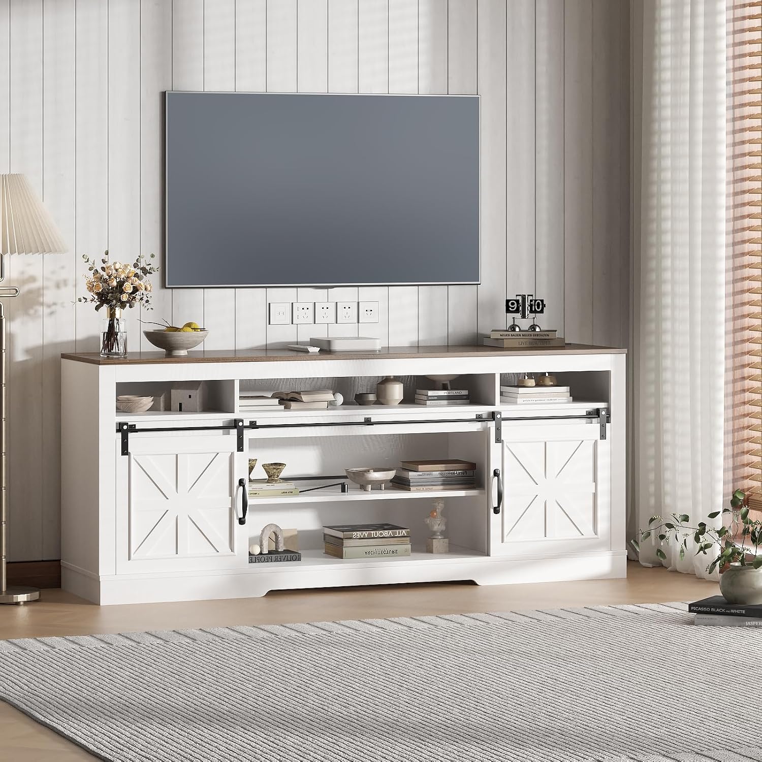 IDEALHOUSE Farmhouse TV Stand for 75 Inch TV, Entertainment Center with Storage Cabinets and Sliding Barn Doors, Media TV Console Table for Living Room Bedroom (27.6' H White)