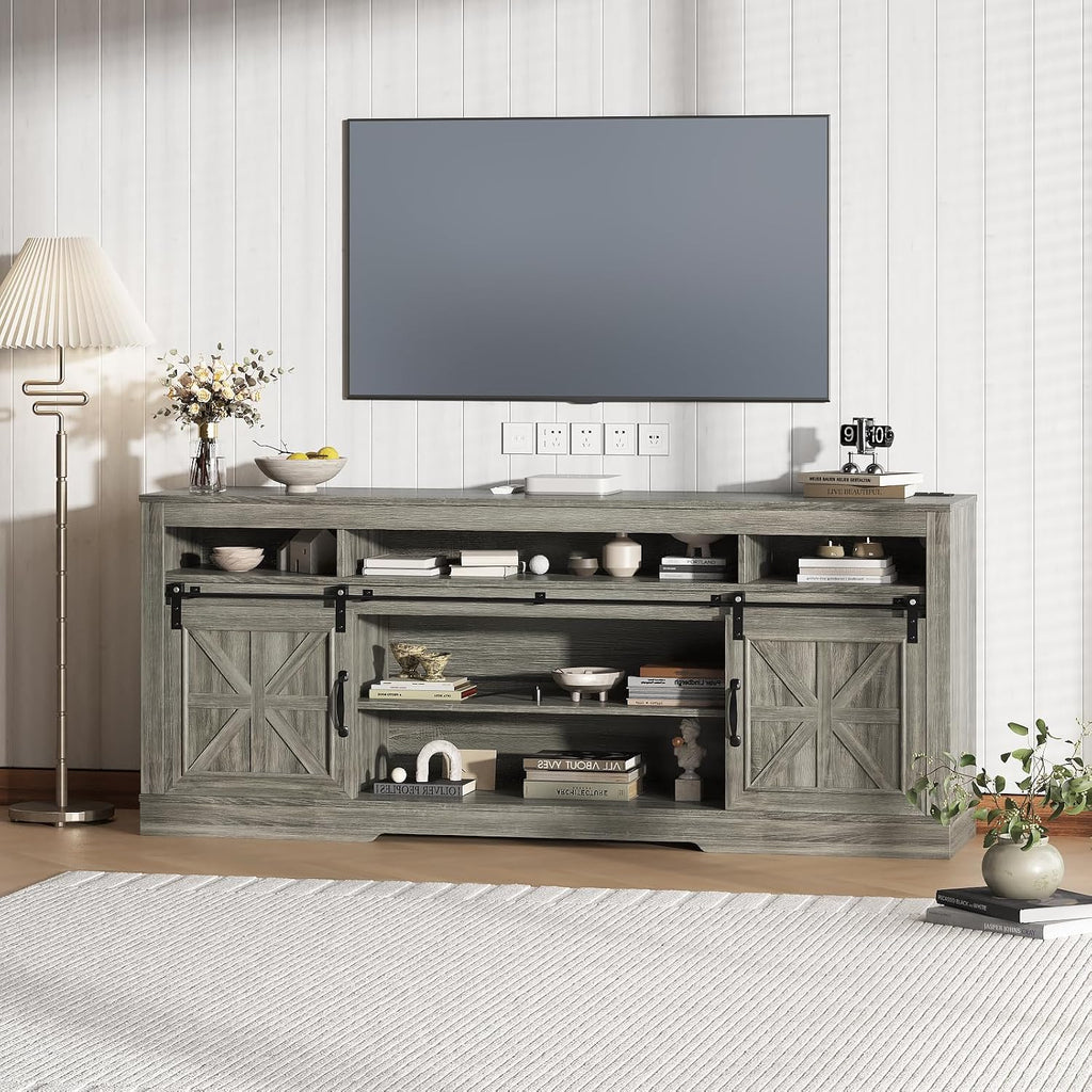 Garvee TV Stand Table for 75 in Television, Media Console Table with Open Storage, Power Outlets, Barn Doors, Entertainment Center with Adjustable Shelves for Home & Office, 66 in Width, Grey
