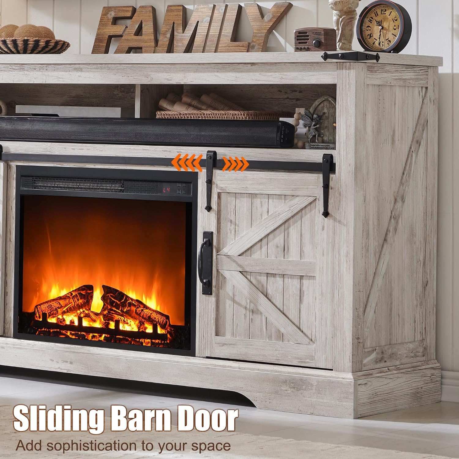 OKD Fireplace TV Stand for 65+ Inch TV, 33' Tall Highboy Farmhouse Entertainment Center w/ 23'' Electric Fireplace, Rustic Media Console w/Sliding Barn Door for Living Room, Antique Brush White