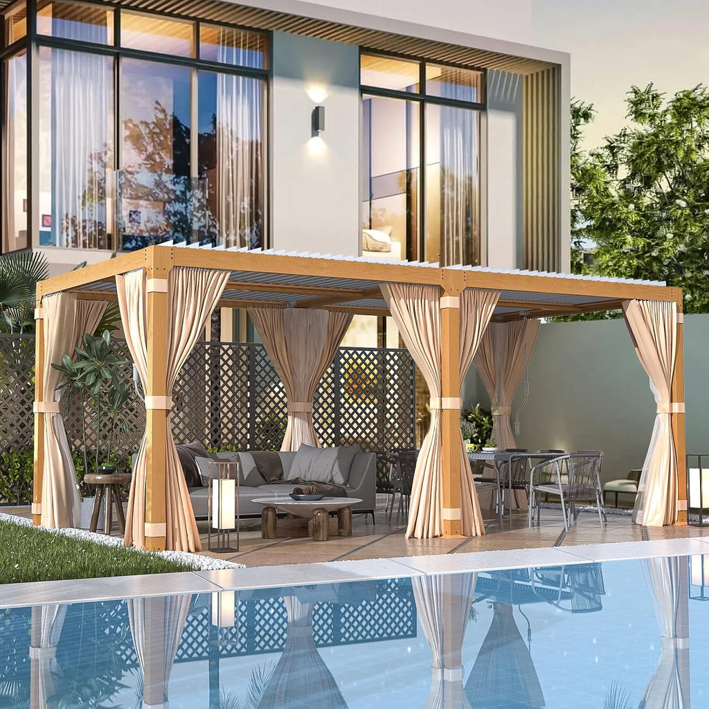 EROMMY Louvered Pergola 10x20, Outdoor Aluminum Pergola with Adjustable Rainproof Roof for Garden, Patio, Deck, Waterproof Curtains and Netting Included, Wood Grain