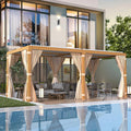 EROMMY Louvered Pergola 10x20, Outdoor Aluminum Pergola with Adjustable Rainproof Roof for Garden, Patio, Deck, Waterproof Curtains and Netting Included, Wood Grain