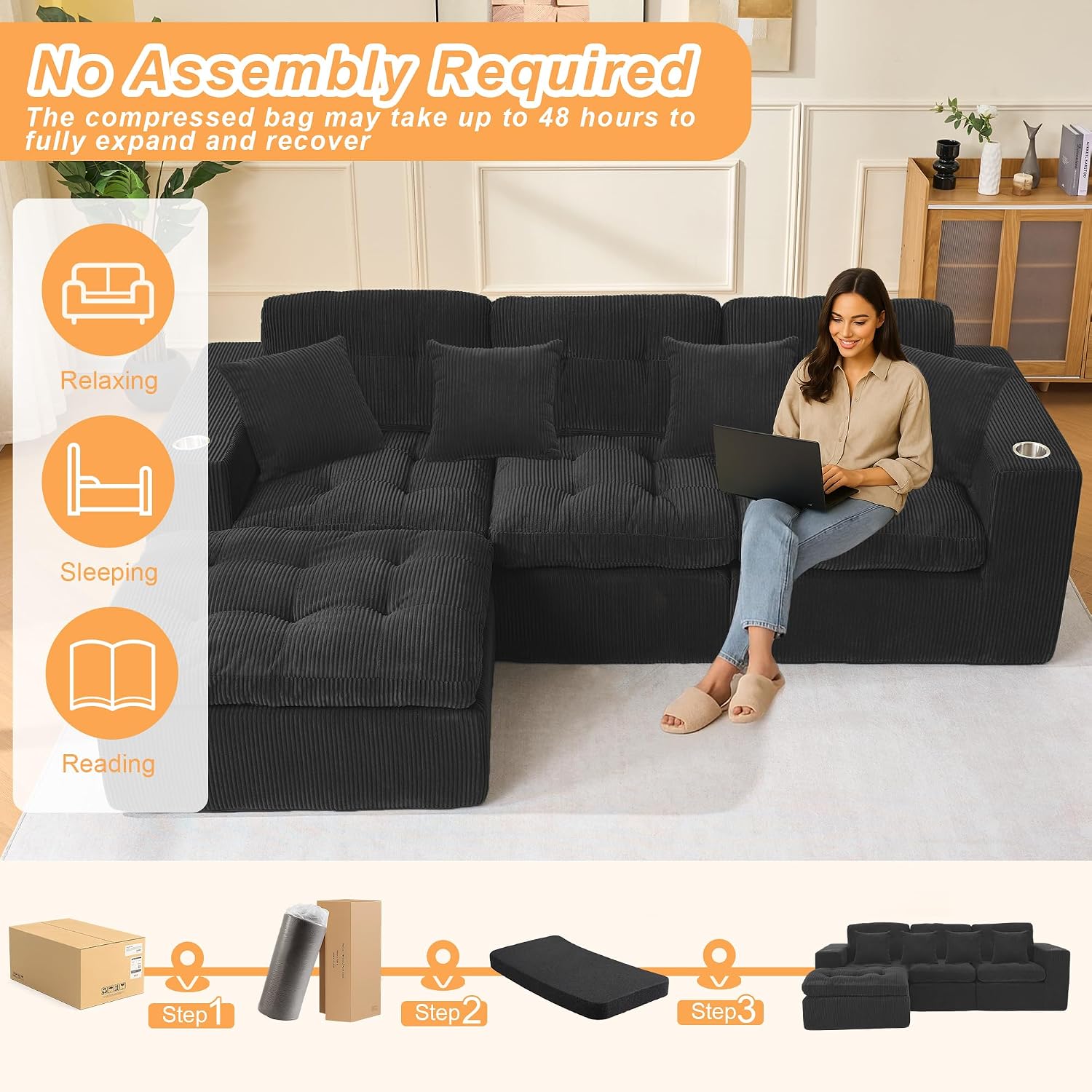 108' Modular Sectional Sofa, Cloud Sectional Couch with Deep Seat, Modern Modular L-Shape Sofa Couch with Chaise,Upholstered Couches for Living Room Bedroom (Matte Black)