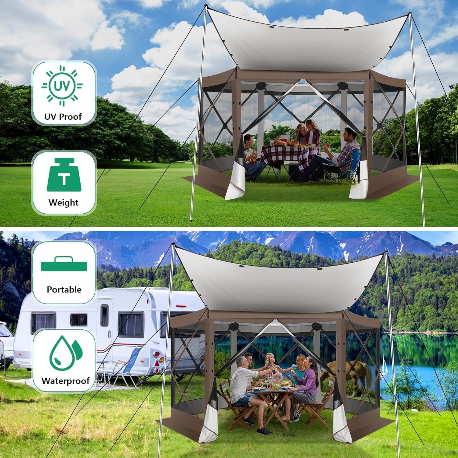 COBIZI Pop Up Gazebo Screen Tent Screen House for Camping, 12x12 Screen Room with Mosquito Netting, Hub Tent Instant Screened Canopy with Carrying Bag and Ground Stakes, Brown