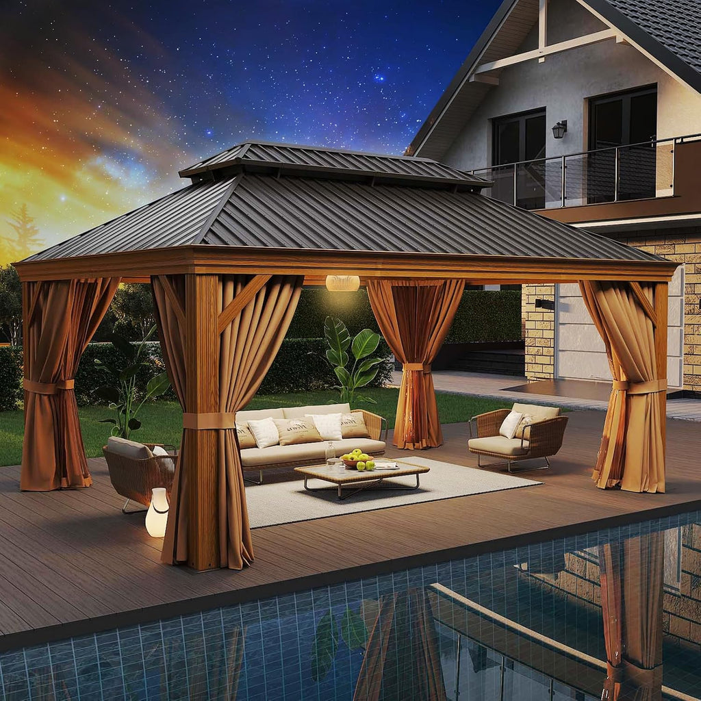 Gazebo 12ft x 16ft, Wooden Finish Coated Aluminum Frame Canopy, Galvanized Steel Double Top, Outdoor Permanent Metal Pavilion with Privacy Curtains and Netting, for Patio, Deck and Backyard