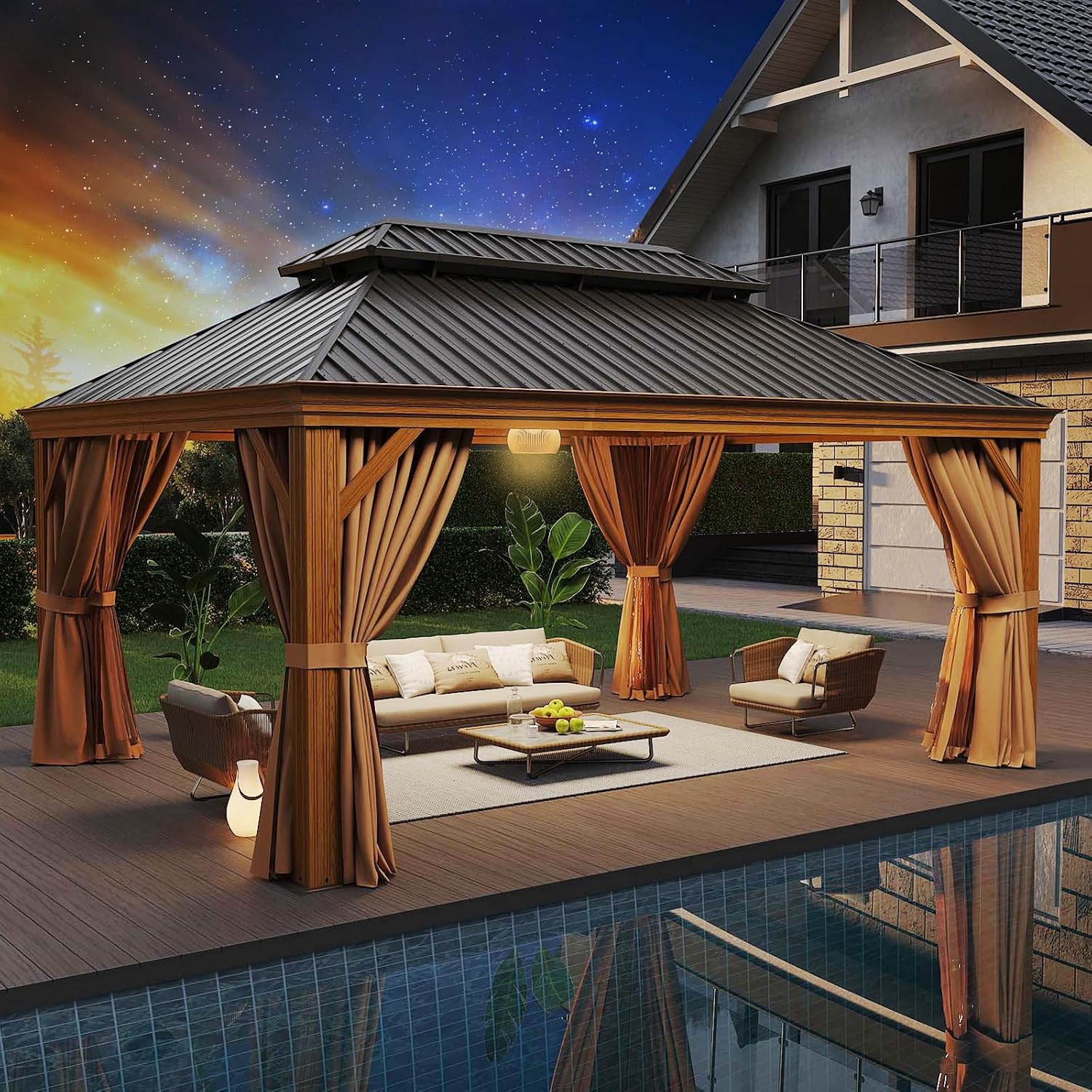Gazebo 12ft x 16ft, Wooden Finish Coated Aluminum Frame Canopy, Galvanized Steel Double Top, Outdoor Permanent Metal Pavilion with Privacy Curtains and Netting, for Patio, Deck and Backyard