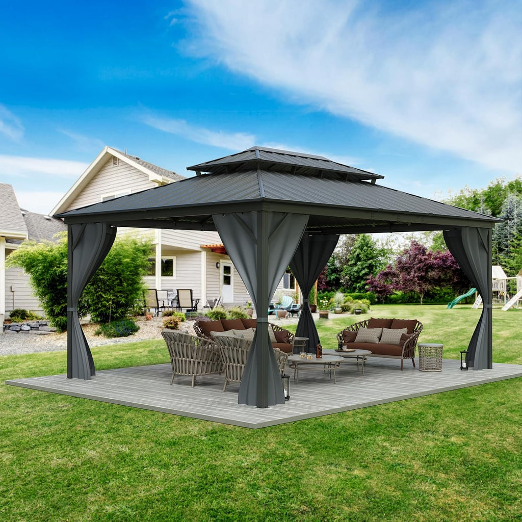 GarveeLife 12x16 ft Hardtop Gazebo, Galvanized Steel Metal Double Roof Aluminum Gazebo with Curtain and Netting, Brown Permanent Pavilion Double Roof Canopy for Patio, Lawn & Garden (12 * 16 ft)