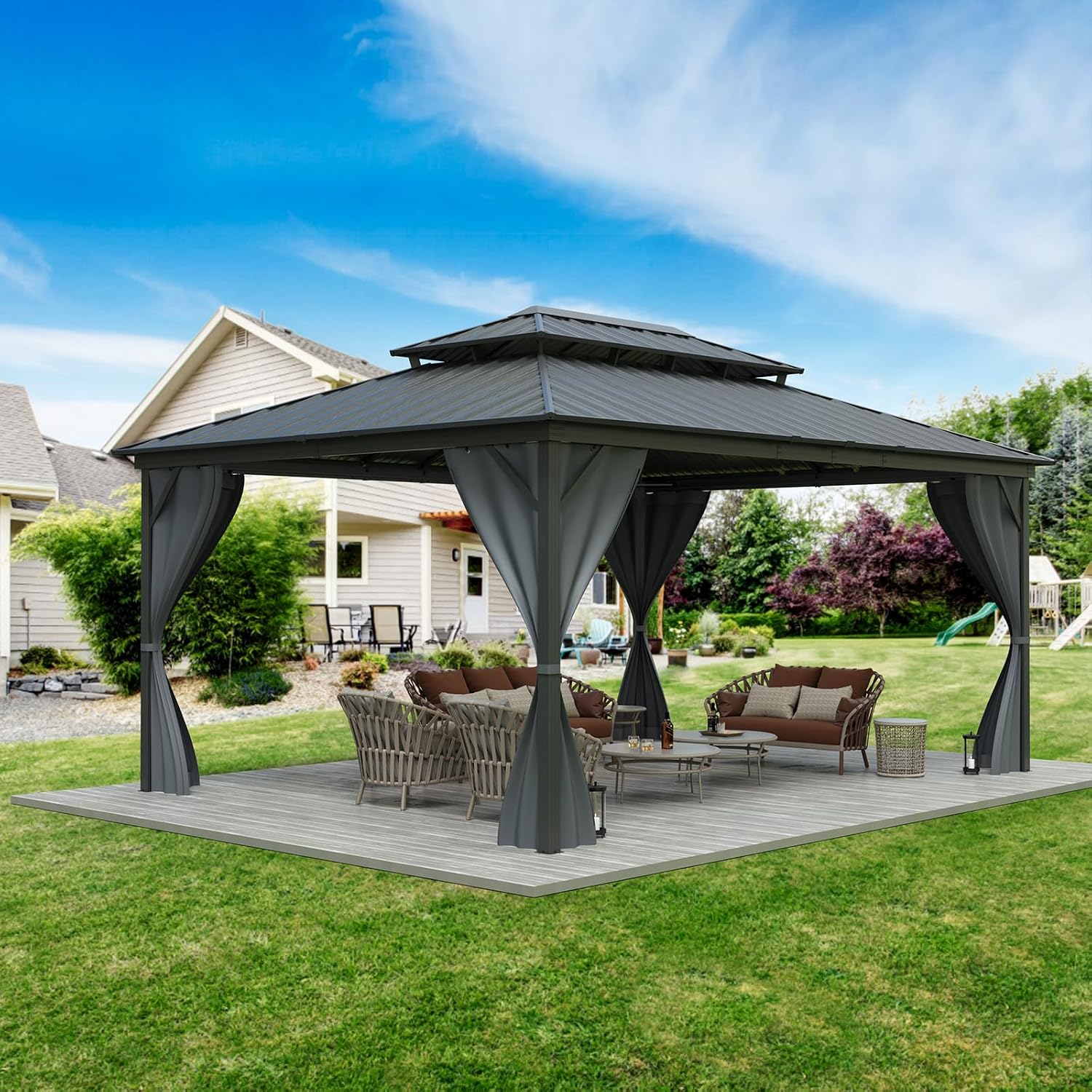 GarveeLife 12x16 ft Hardtop Gazebo, Galvanized Steel Metal Double Roof Aluminum Gazebo with Curtain and Netting, Brown Permanent Pavilion Double Roof Canopy for Patio, Lawn & Garden (12 * 16 ft)