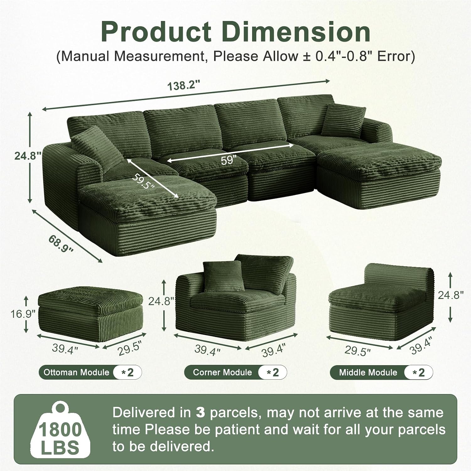 138' Modular Sectional Sofa Couches U Shaped Couch 4 Seater Cloud Sofa Memory Foam Sectional Couches for Living Room, Boneless Couch with Ottoman, Corduroy, Green