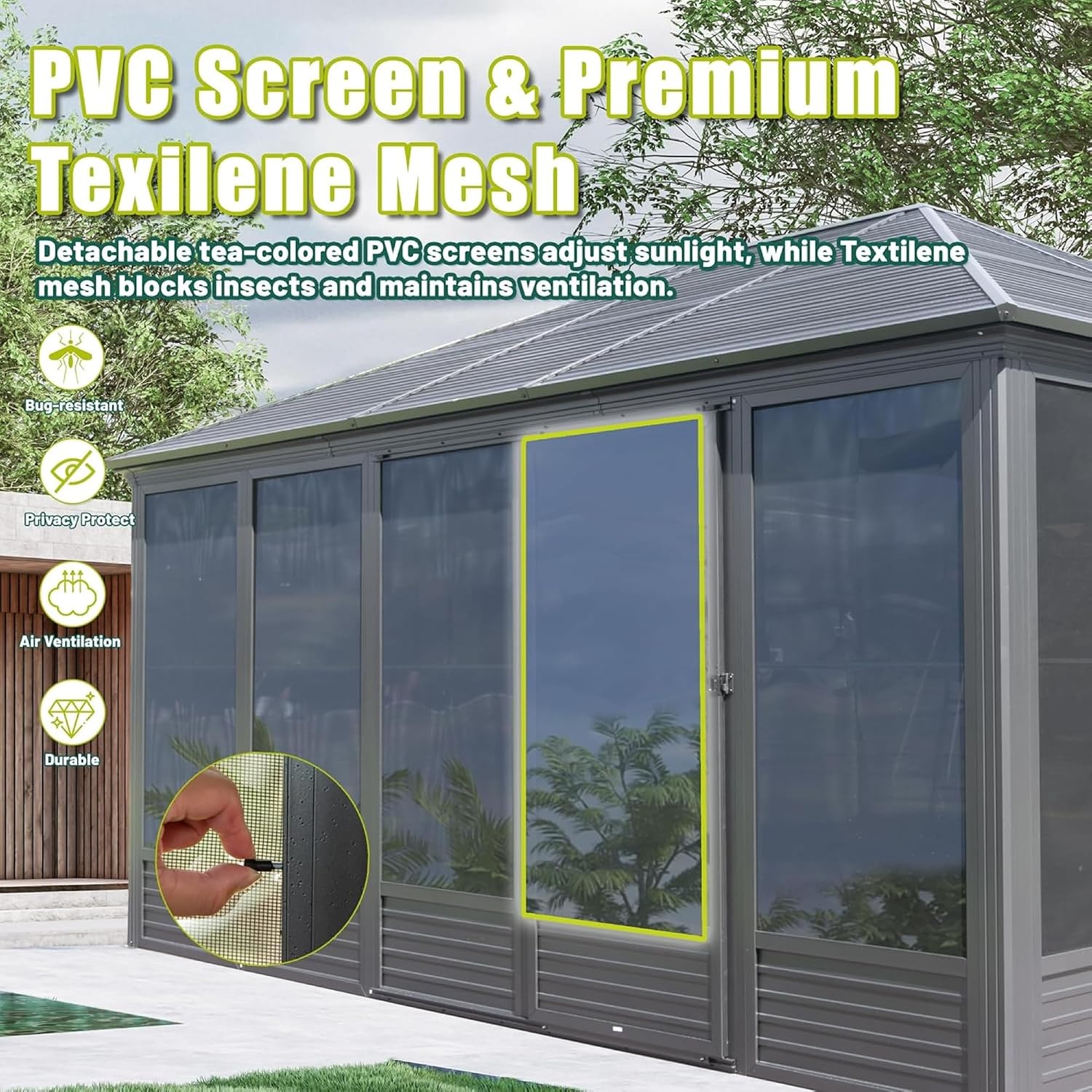 13'(W) x 16.5'(L) Outdoor Sunroom Aluminum Hardtop Gazebo with Galvanized Steel Roof, PVC Screen Walls and Sliding Doors, Gray