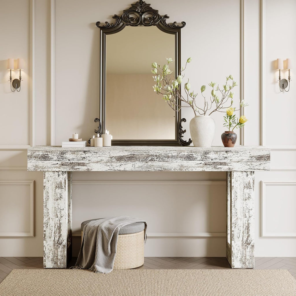 Tribesigns 63-Inch Long Console Table, Farmhouse Wooden Sofa Table Behind The Couch, Narrow Entryway Table for Entrance, Hallway, Living Room (Distressed White)