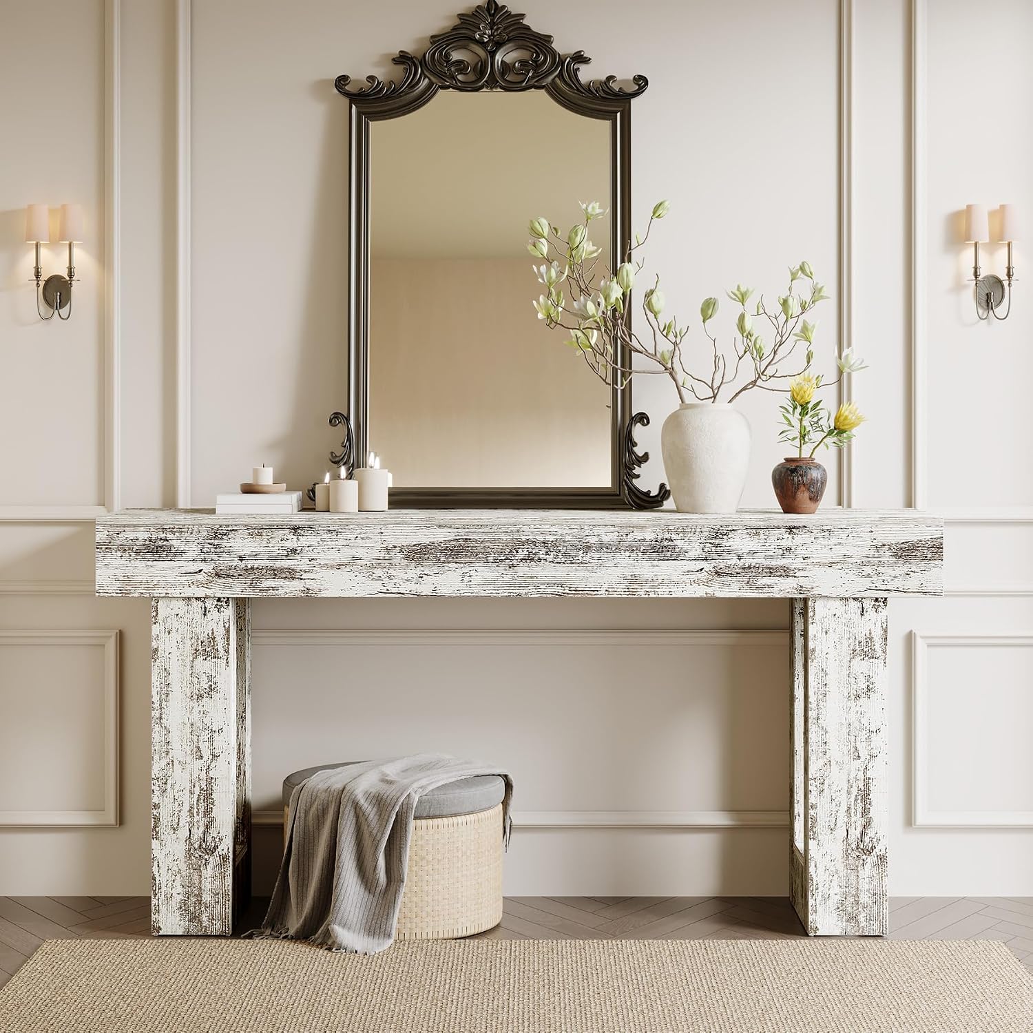 Tribesigns 63-Inch Long Console Table, Farmhouse Wooden Sofa Table Behind The Couch, Narrow Entryway Table for Entrance, Hallway, Living Room (Distressed White)
