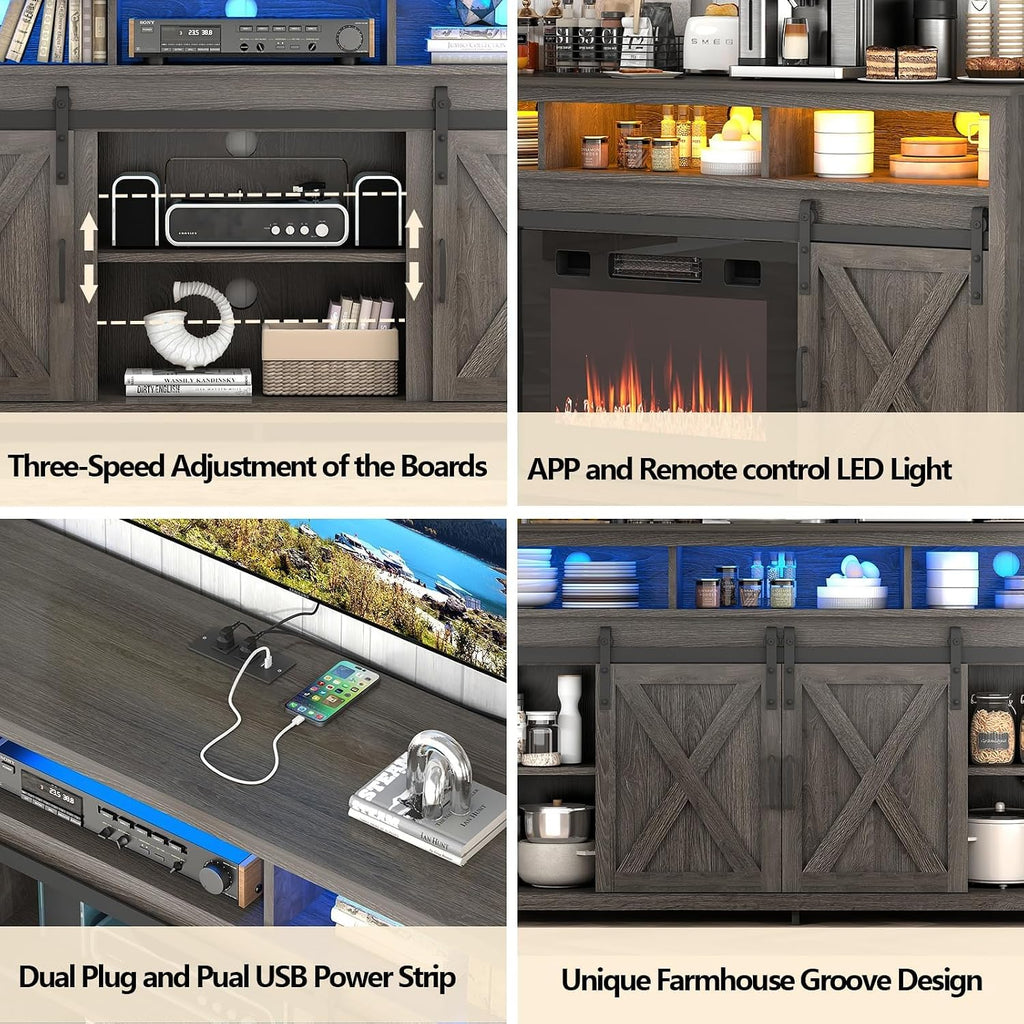 57' LED Farmhouse TV Stand for 65/60/55 Inch TVs,Tall Entertainment Center Storage Cabinets w/Power Outlets and Sliding Barn Door,Rustic TV Stands for Living Room,Media Console Cabinet (Charcoal)