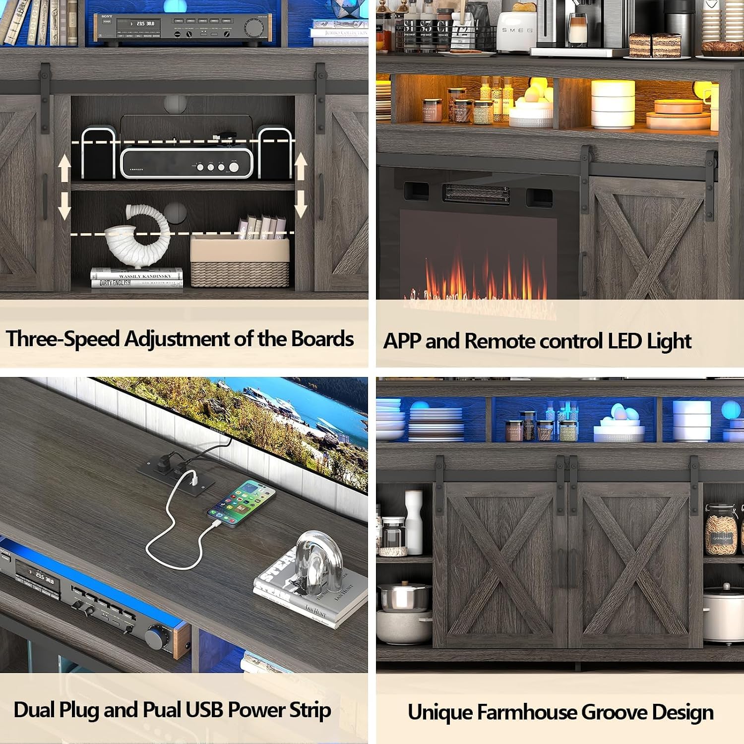 57' LED Farmhouse TV Stand for 65/60/55 Inch TVs,Tall Entertainment Center Storage Cabinets w/Power Outlets and Sliding Barn Door,Rustic TV Stands for Living Room,Media Console Cabinet (Charcoal)