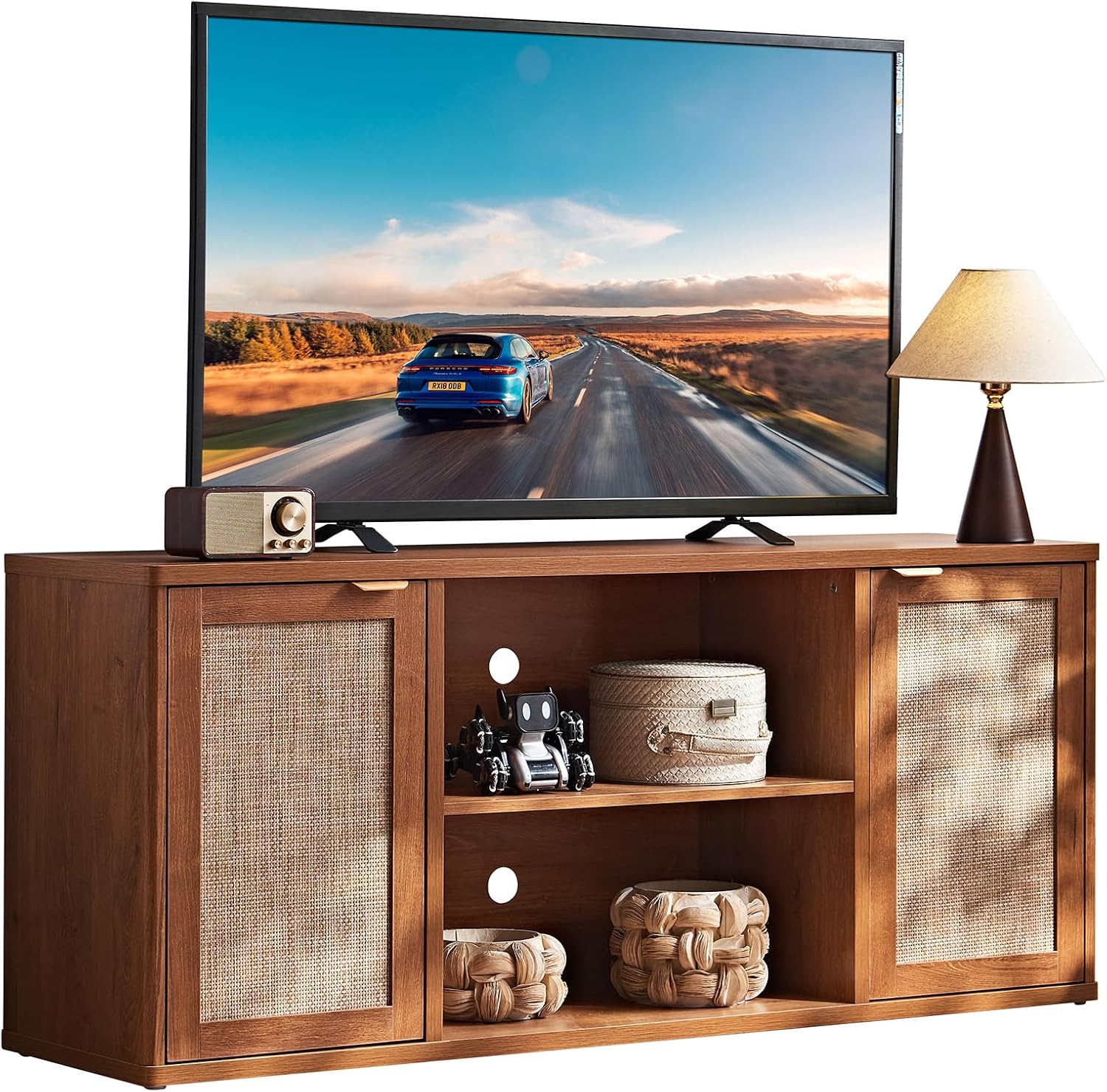 LEYAOYAO Rattan TV Stands for Living Room, Boho TV Cabinet with Storage and Open Shelf, Rustic Wood Entertainment Center, Media Console for 50-65 Inch TV, Tea Brown