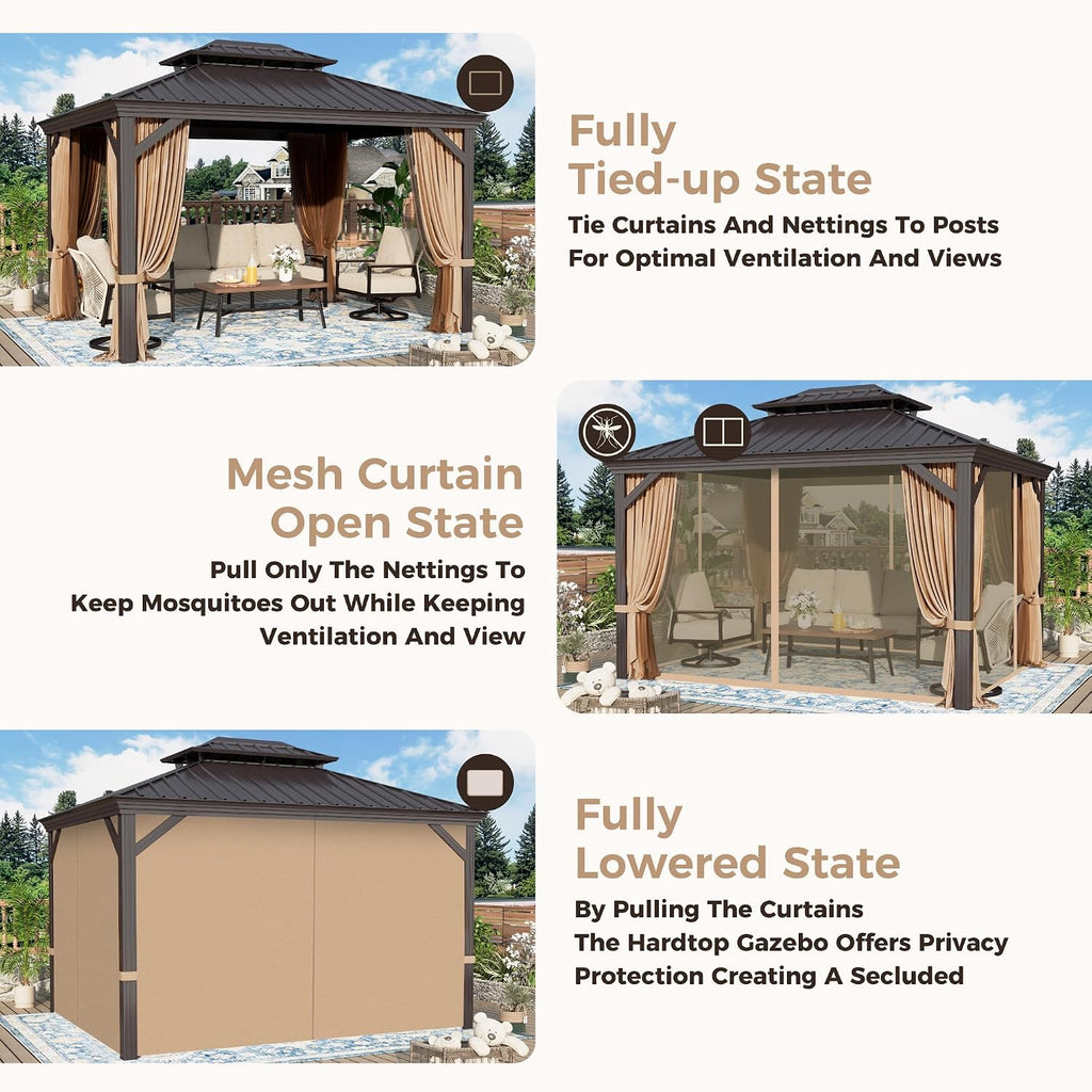 MIXPATIO 10'x12' Hardtop Gazebo, Outdoor Aluminum Frame Galvanized Steel Double Roof Pavilion with Netting and Shaded Curtains, Permanent Metal Pergolas for Patio, Backyard, Deck and Lawns