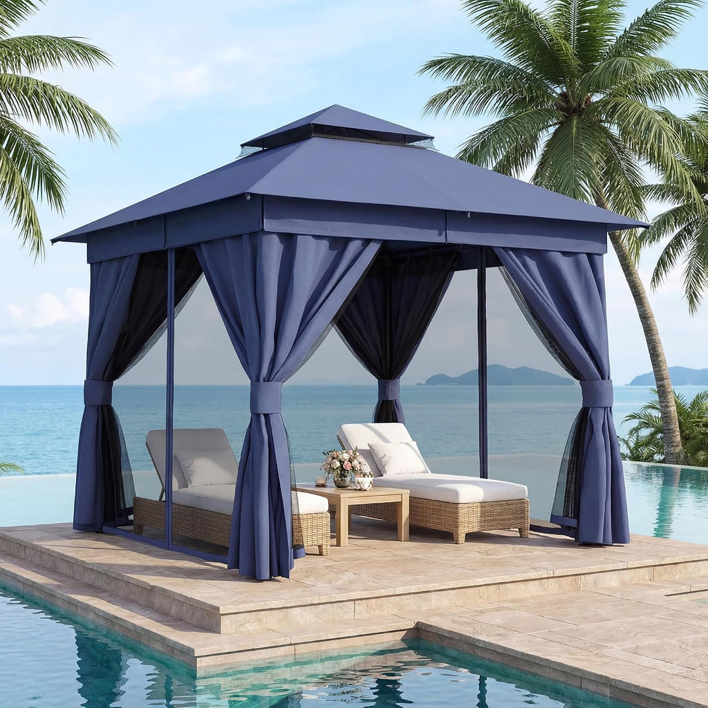 LAUSAINT HOME 8'x8' Outdoor Patio Gazebo, Heavy Duty Party Tent & Shelter with Double Roofs, Mosquito Nettings and Privacy Screens for Backyard, Garden, Deck (Navy Blue)