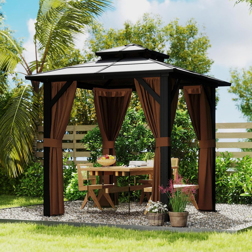 8' x 8' Double Roof Gazebo with Polycarbonate Panels – Sturdy Aluminum Frame, Outdoor Pavilion with Curtains for Patio, Garden & Backyard