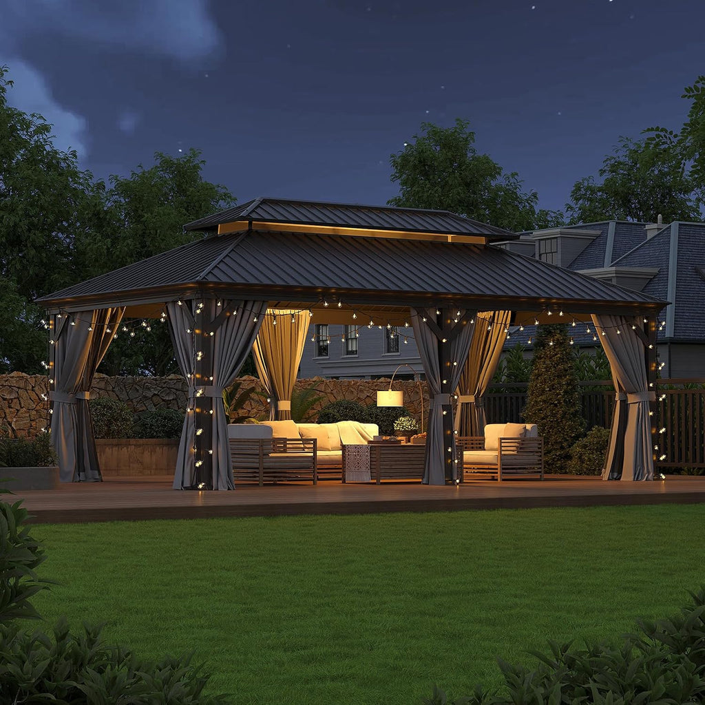 12'x20' Grey Double-top Rectangular Column Iron Sheet Pavilion, Suitable for Outdoor Courtyards and Gardens, Luxurious Iron-top Tent with Enclosure Fabric,