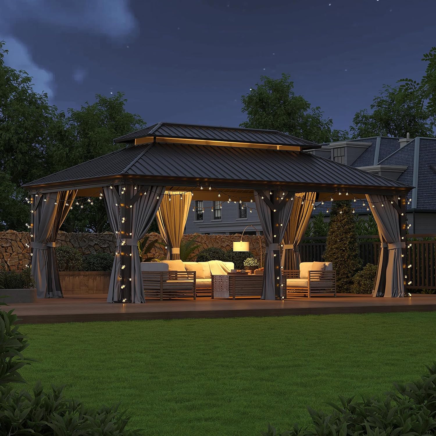 12'x20' Grey Double-top Rectangular Column Iron Sheet Pavilion, Suitable for Outdoor Courtyards and Gardens, Luxurious Iron-top Tent with Enclosure Fabric,
