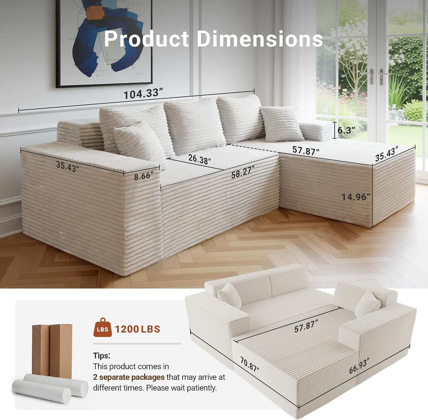 Claiks 104' Boneless Couch, Cloud Couch Sectional, L-Shape Corduroy Modular Sectional Sofa Deep Seat, Upholstered Couches for Living Room, No Assembly Required, Beige, Right Facing Chaise