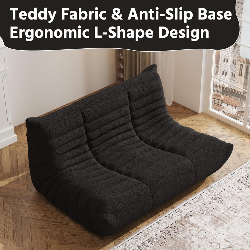 Giant Loveseat Boneless Bean Bag Chair for Adults - Teddy Fleece Fireside Accent Chair with Memory Foam, Comfy Lazy Floor Sofa Couch Chaise Lounge for Living Room Bedroom Theater, 2 Seater, Black