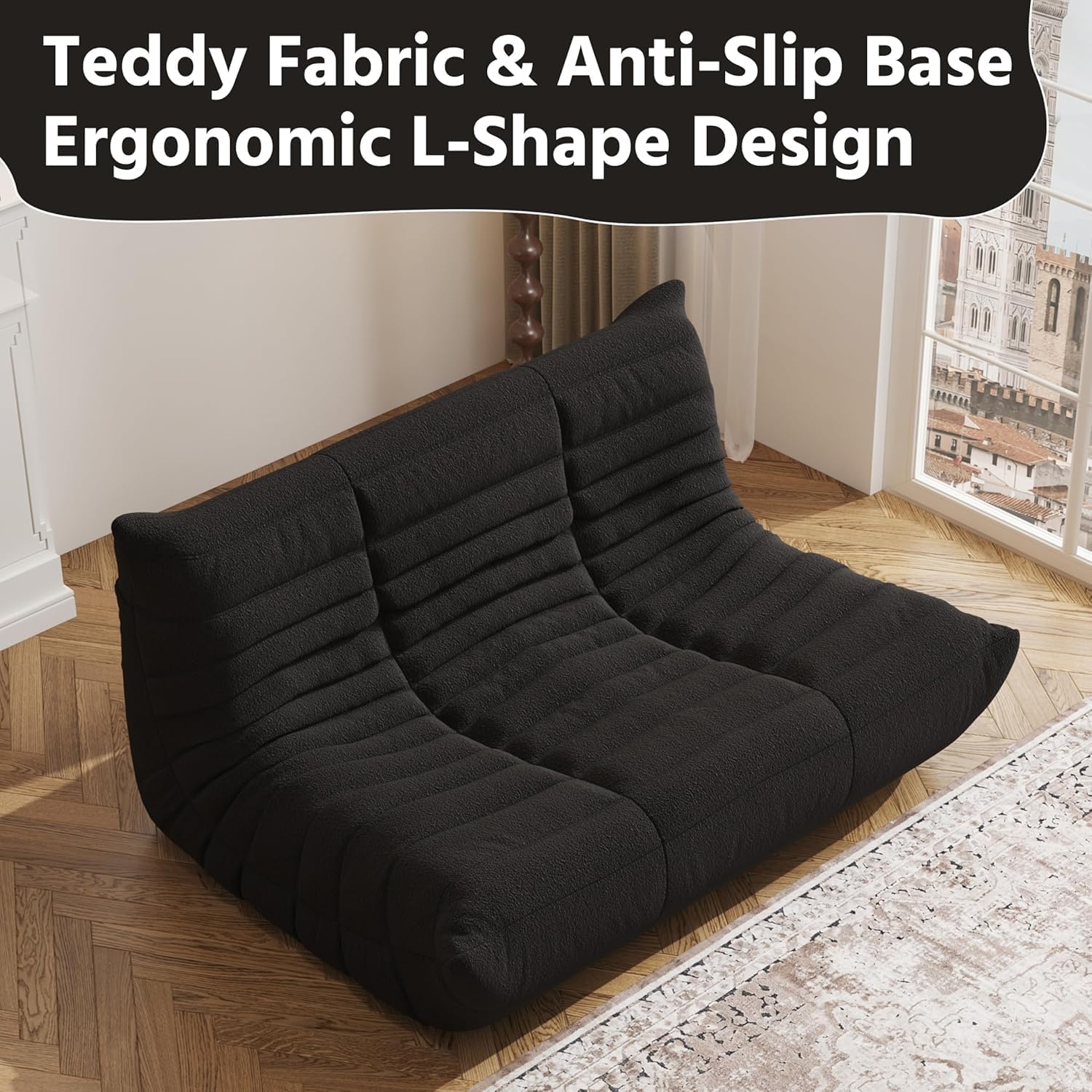 Giant Loveseat Boneless Bean Bag Chair for Adults - Teddy Fleece Fireside Accent Chair with Memory Foam, Comfy Lazy Floor Sofa Couch Chaise Lounge for Living Room Bedroom Theater, 2 Seater, Black
